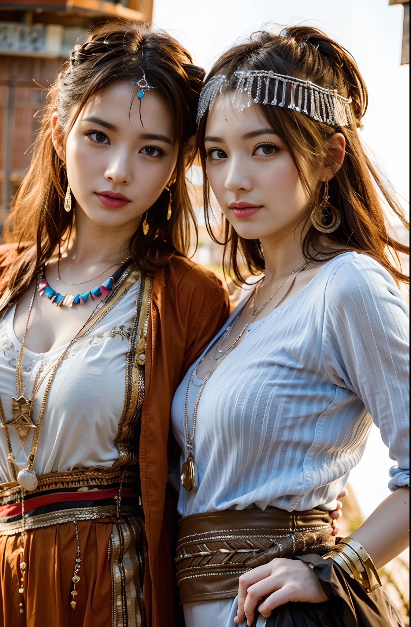 The proportions are the same for all races, All faces and pictures must be different,(8K、NFFSW、A high resolution)、((((A picture、RAW photography、Hyper-realism、tmasterpiece、top-quality、超A high resolution))))、(Pin Light、back Lighting、back Lighting、ciinematic light)、foco nítido:1。4、(Hyper-detailing、finedetail)、cow boy shot、 2girls