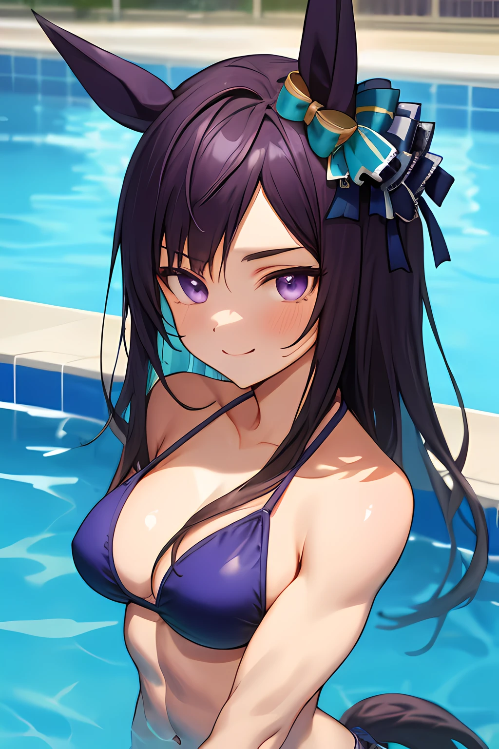 mejiro dober \(umamusume\), ((ultra-detailed face)), masterpiece, best quality, muscular girl, abs, upper body, plain bikini, detailed clear eyes, horse tail, pool, smile, frontage