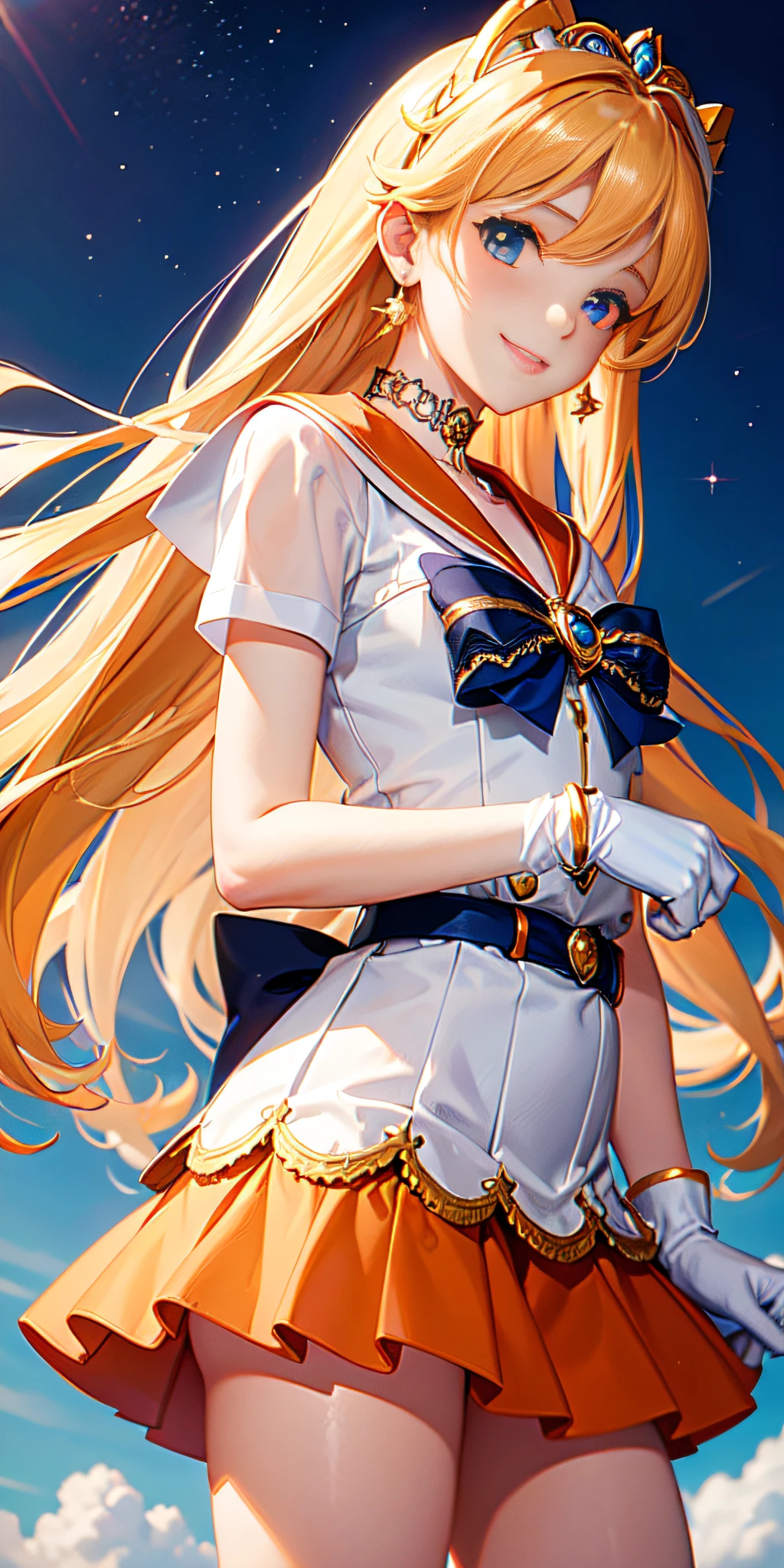 masterpiece, best quality, high resolution, venus1, 1 girl, solo, sailor senshi uniform, sailor venus, aino minako, blonde hair, magical girl, blue eyes, orange skirt, elbow length gloves, tiara, 40% pleated miniskirt , hair bow, orange sailor necklace, miniskirt, choker, red bow, orange choker, white gloves, very long hair, jewelry, earrings, denim shot, bottom view, ((intricate details)), smile