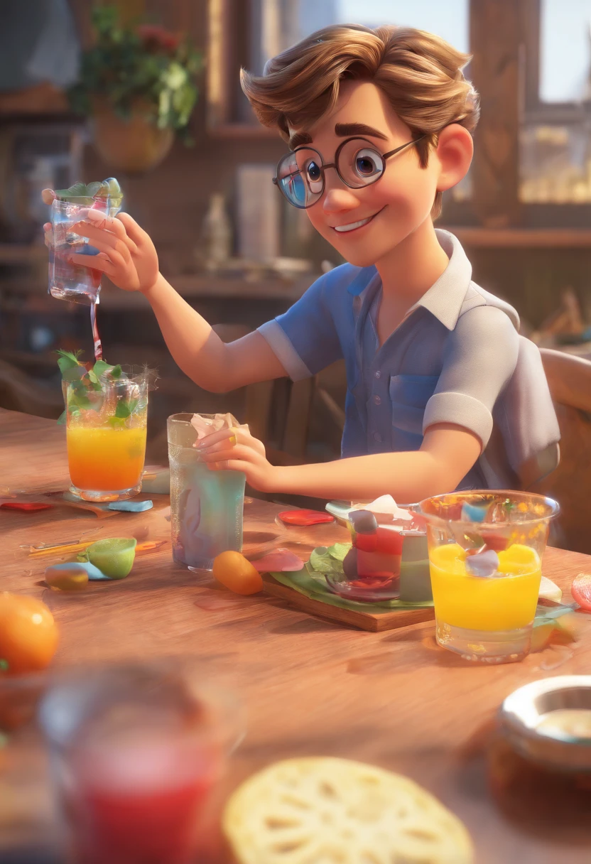 Poster disney con ragazzo con occhiali che vomita mentre beve un drink