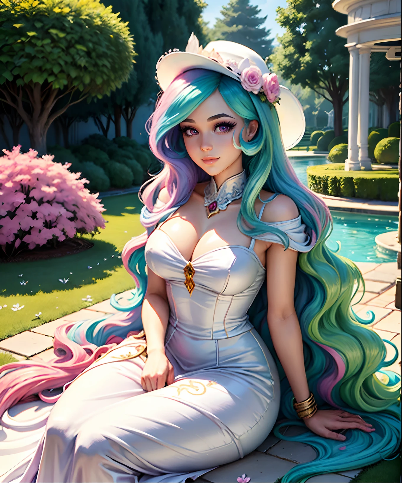 Princess Celestia, Princess Celestia from my little pony, Princess Celestia in the form of a girl, long hair, lush hair, on a big garden, white goddess dress, forehead jewelry, wearing a white hat with pink ribbons, volumetric shapes, best quality, very detailed, ultra 8k resolution, lots of trees and flowers, holding pink flowers, ponds, lily pads, flower bushes everywhere, sitting under a tree, (( 4k highly detailed garden )), solo, one character