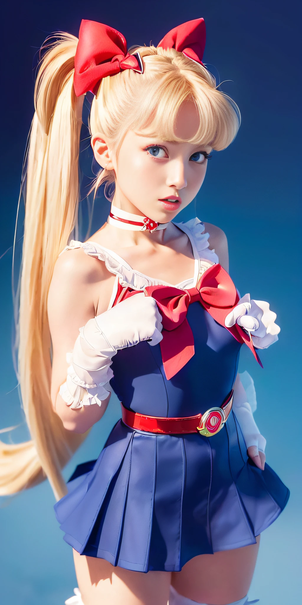 cowboy shot, (solo 1Girl), ((Sailor Moon anime style)), Beautiful anime Usagi Tsukino, symmetrical face, detailed shoulder length hair, (A dark blue leotard with a short light blue skirt, a red belt with a bow at the back, white gloves, and a red ribbon on the chest in the shape of a bow. She also wears long red boots with a ribbon at the top. She wears a tiara on her forehead, long blonde hair, and blue eyes. (((Her hairstyle includes two high ponytails))), and her overall appearance is youthful and cheerful), 20% miniskirt, ((Sailor Moon pose)), ((intricate details)), low angle view, wallpaper