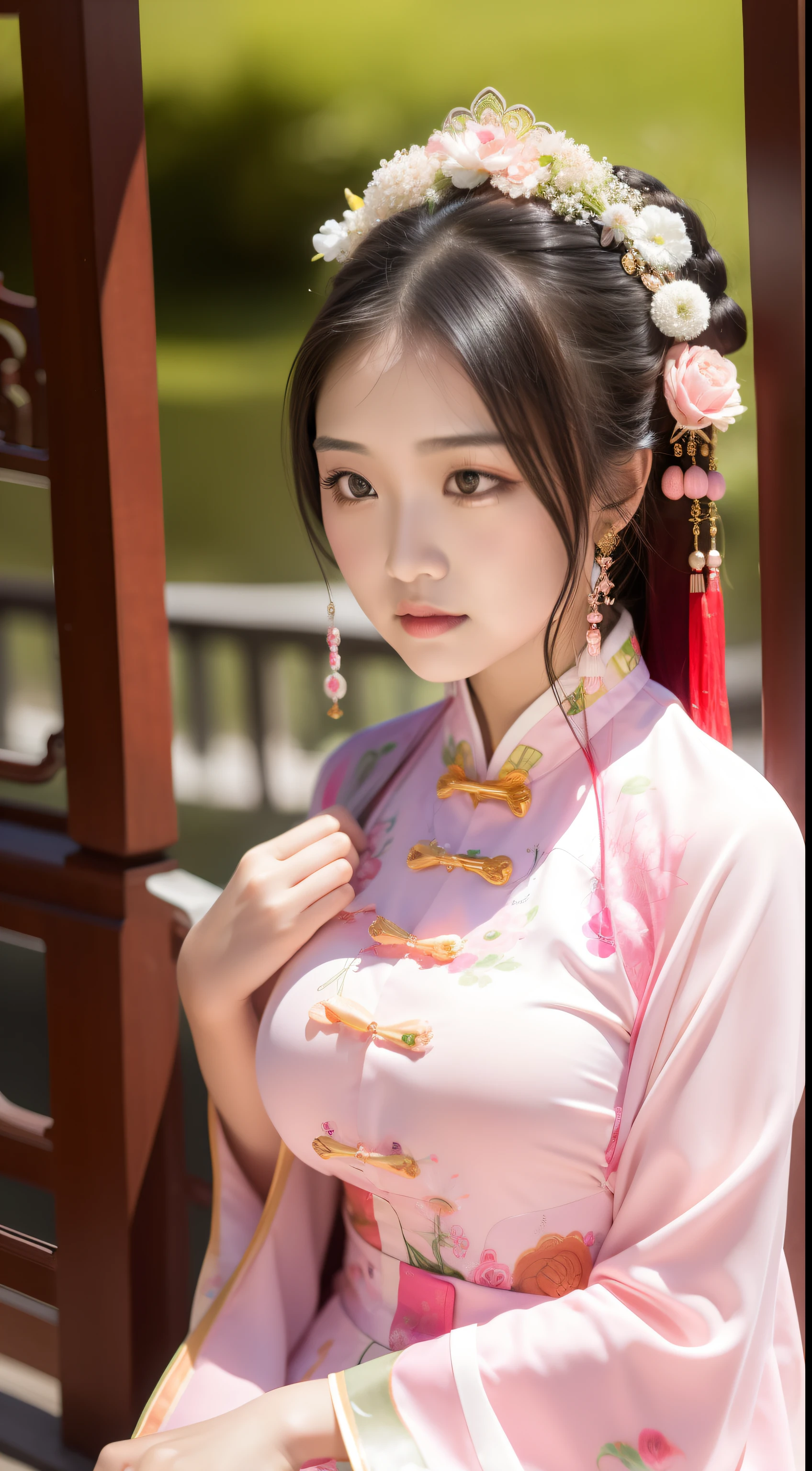 Close-up of a young girl in a pink dress and a green flower headdress, China Princess, Chinese girl, Palace , A girl in Hanfu, Young Asian girl, Princesa chinesa antiga, Cute young girl, Chinese style, young girl, cute beautiful, Beautiful character painting, beautiful portrait image, Very beautiful girl, Asian girl, Chinese traditional, Chinese costume,Large breasts