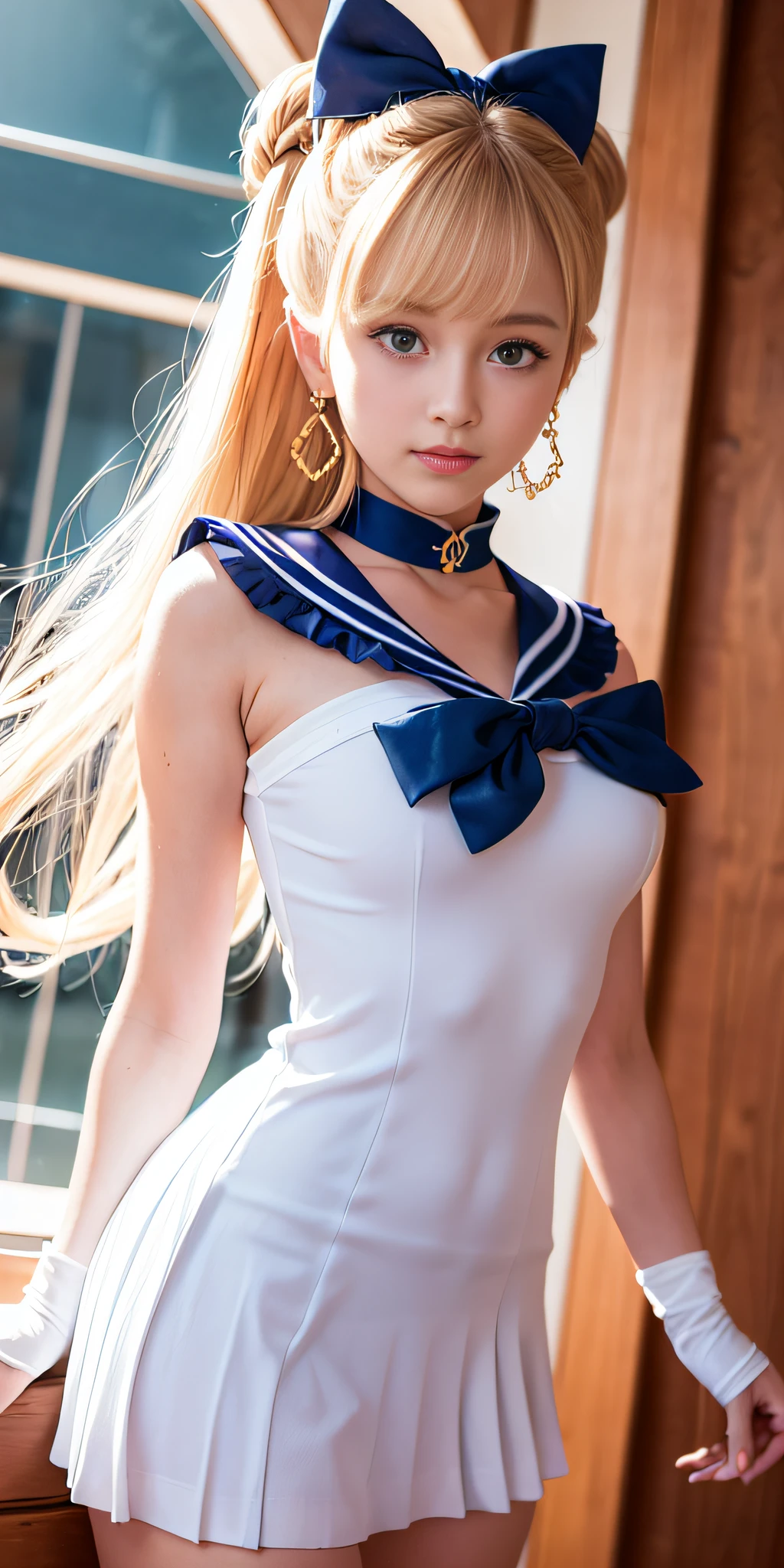 masterpiece, best quality, high resolution, Sailor Moon, 1 girl, solo, sailor senshi uniform, Usagi, blonde hair, magical girl, blue eyes, orange skirt, elbow length gloves, tiara, 20% pleated miniskirt , hair bow, blue sailor necklace, 20% miniskirt, choker, red bow, blue choker, white gloves, very long hair, jewelry, earrings, denim shot, bottom view, ((intricate details)), smile,view from below