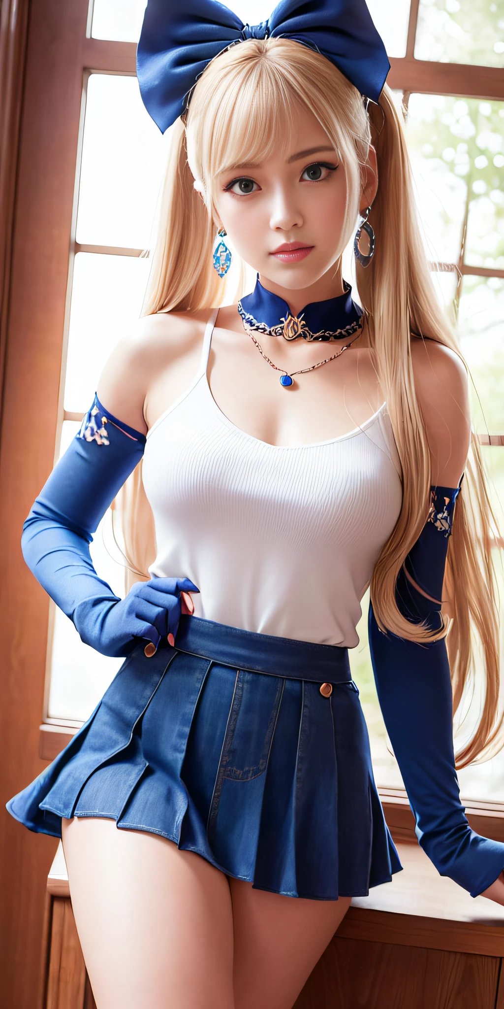masterpiece, best quality, high resolution, Sailor Moon, 1 girl, solo, sailor senshi uniform, Usagi, blonde hair, magical girl, blue eyes, orange skirt, elbow length gloves, tiara, 20% pleated miniskirt , hair bow, blue sailor necklace, 20% miniskirt, choker, red bow, blue choker, white gloves, very long hair, jewelry, earrings, denim shot, bottom view, ((intricate details)), smile,view from below