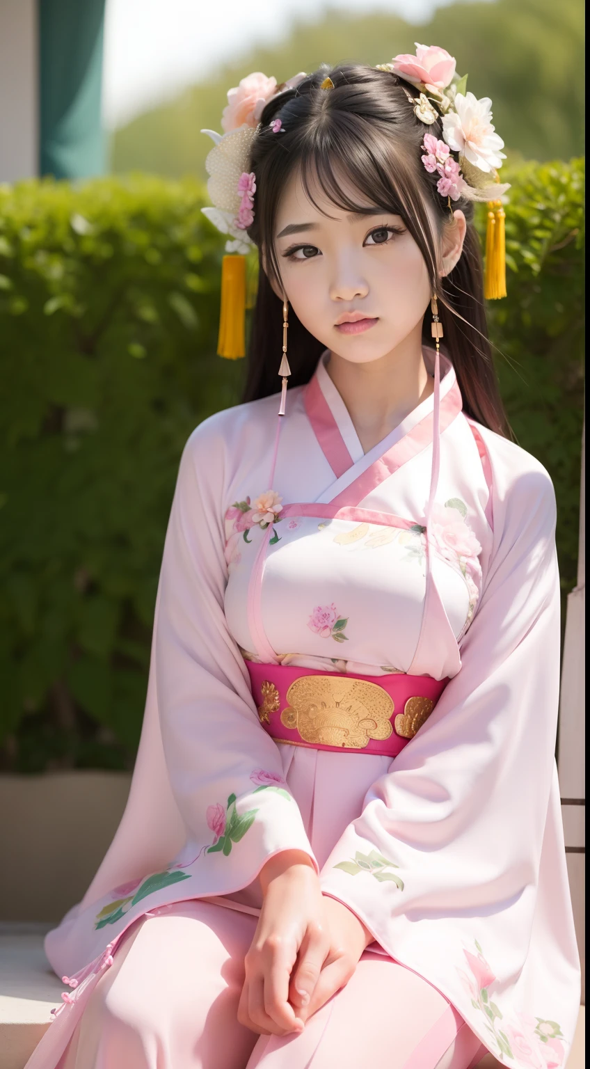 Close-up of a young girl in a pink dress and a green flower headdress, China Princess, Chinese girl, Palace ， A girl in Hanfu, Young Asian girl, Princesa chinesa antiga, Cute young girl, Chinese style, young girl, cute beautiful, Beautiful character painting, beautiful portrait image, Very beautiful girl, Asian girl, Chinese traditional, Chinese costume，Large breasts