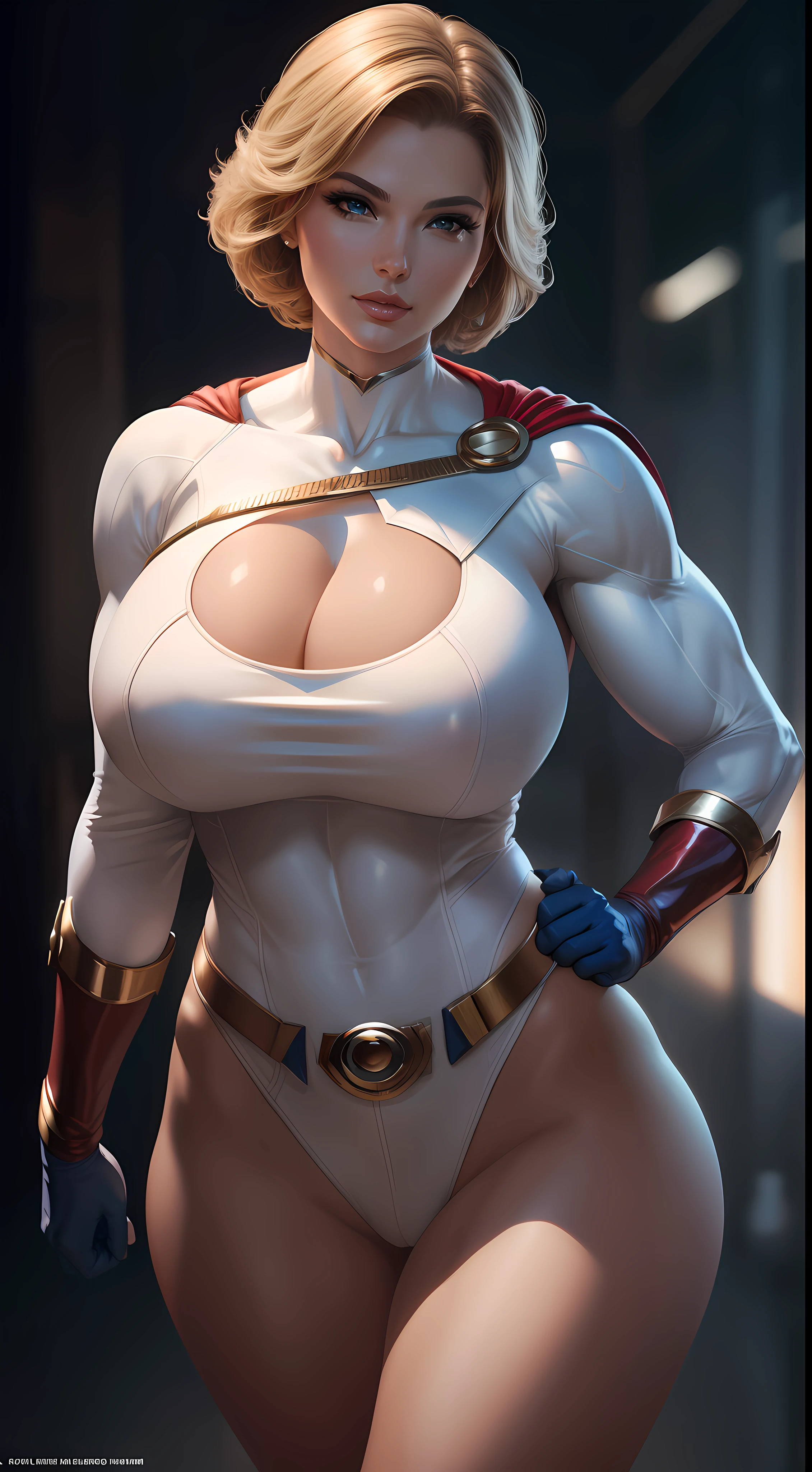 ( Masterpiece, 4k resolution, ultra-realistic, very detailed) beautiful sexy Power Girl (DC comics) portrait photography by artgerm, in the style of realism, glistening skin, , natural lighting, Defined full lips. Muscular fitness feminine body