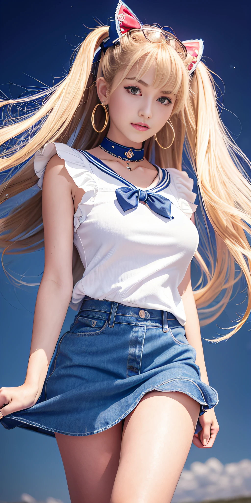 masterpiece, Highest quality, High resolution, Sailor Moon, 1 Girl, alone, Sailor Warrior Uniforms, Rabbit, Blonde, Magical girl, blue eyes, Orange Skirt, Elbow-length gloves, tiara, 20% pleated mini skirt , Hair Ribbon, blue sailor necklace, 20% mini skirt, choker, Red Bow, blue choker, White gloves, Very long hair, jewelry, Earrings, Denim Shot, Bottom View, ((Intricate details)), smile,View from below
