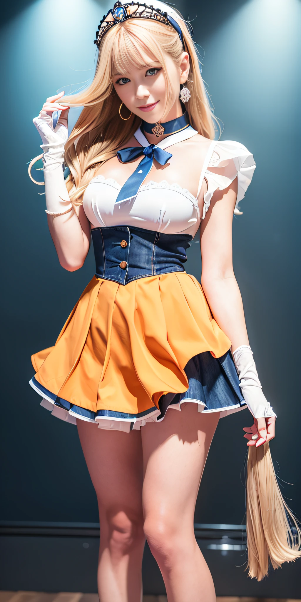 masterpiece, best quality, high resolution, venus1, 1 girl, solo, sailor senshi uniform, sailor venus, aino minako, blonde hair, magical girl, blue eyes, orange skirt, elbow length gloves, tiara, 40% pleated miniskirt , hair bow, orange sailor necklace, miniskirt, choker, red bow, orange choker, white gloves, very long hair, jewelry, earrings, denim shot, bottom view, ((intricate details)), smile
