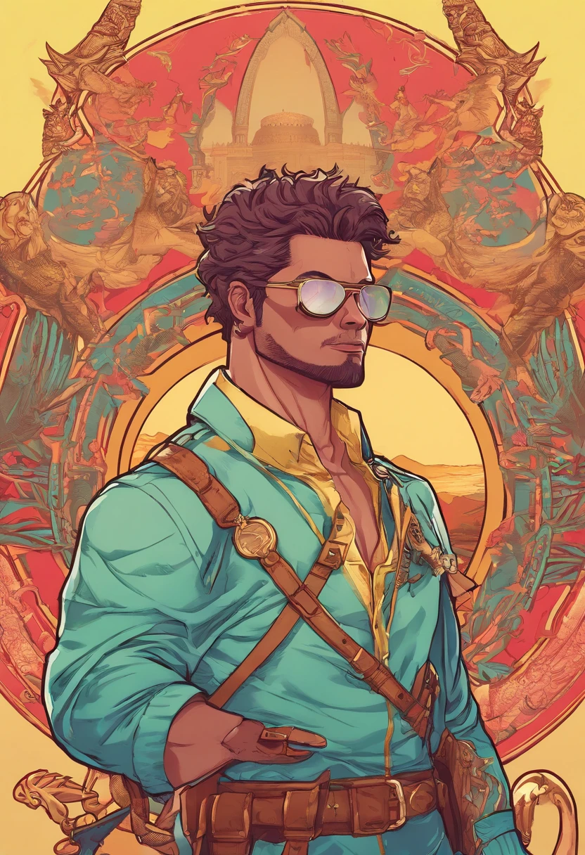 (absurdos, detalhes intrincados, master part, best quality, high resolution, 8k), 1 masculino, fino, jovem, envelhecido, mascarado, olhos e rosto finamente detalhados, auburn cabelo baixo-desbotado, amber eyes, retrato, Olhando para o Viewer, sozinho, meio tiro, Antecedentes detalhados, (tema de fantasia de luz:1.1), Foco, mercenary, luz solar, Sucatas flutuantes, armadura de placa de cor, Aura divina, bright realistic lighting, Marble castle, atmosfera intensa, circlet, coat of arms, braseiro, , profundidade de campo, VFX. Wear a quick graphic vinute eye patch