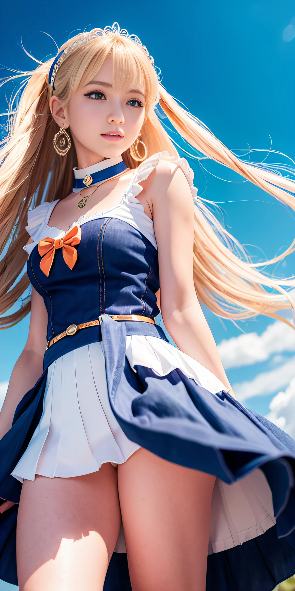 masterpiece, best quality, high resolution, Sailor Moon, 1 girl, solo, sailor senshi uniform, Usagi, blonde hair, magical girl, blue eyes, orange skirt, elbow length gloves, tiara, 20% pleated miniskirt , hair bow, blue sailor necklace, 20% miniskirt, choker, red bow, blue choker, white gloves, very long hair, jewelry, earrings, denim shot, bottom view, ((intricate details)), smile,view from below