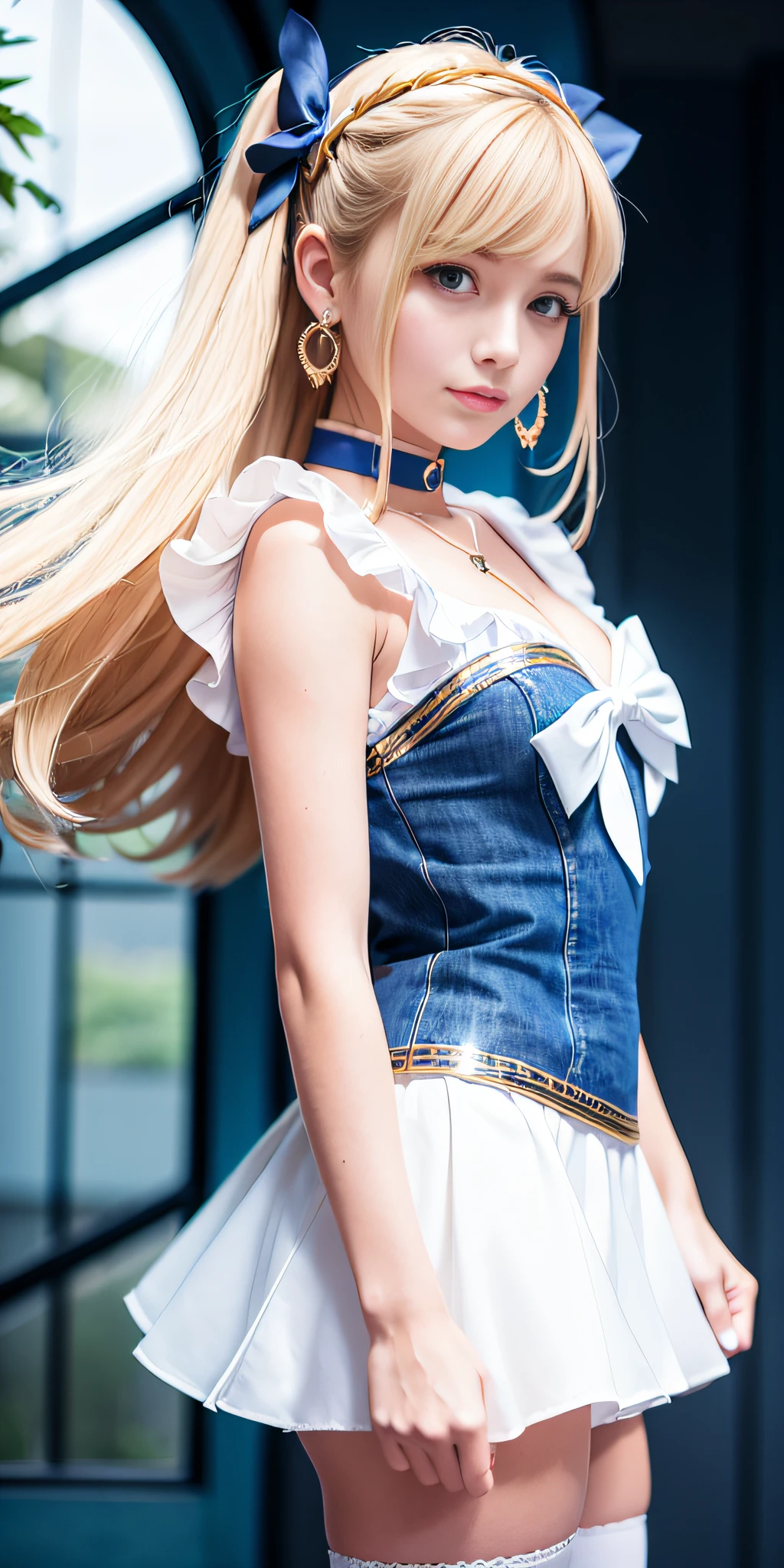 masterpiece, best quality, high resolution, Sailor Moon, 1 girl, solo, sailor senshi uniform, Usagi, blonde hair, magical girl, blue eyes, orange skirt, elbow length gloves, tiara, 20% pleated miniskirt , hair bow, blue sailor necklace, 20% miniskirt, choker, red bow, blue choker, white gloves, very long hair, jewelry, earrings, denim shot, bottom view, ((intricate details)), smile,view from below