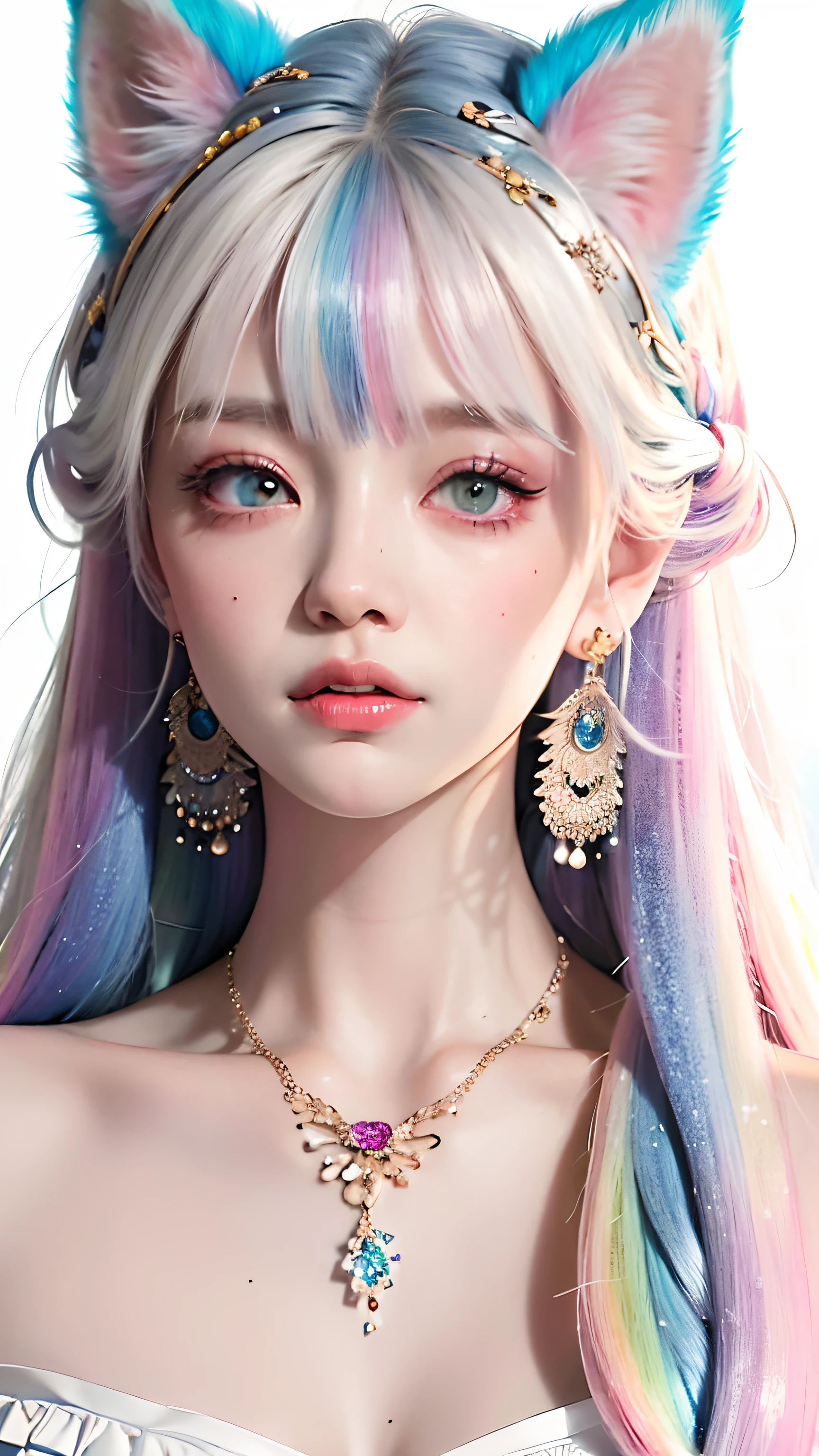 Masterpiece, Best Quality, High Resolution, (White Background: 1.4), [Glitter], [Looking at the Viewer, Portrait, 1 Sweet Chinese Girl], (Long Hair, Blue Hair, Wavy Curls, Multicolored Twisted Big Braid: 1.3, Furry Fox Ears, Air Bangs), White Off-the-Shoulder Short Sleeves, Delicate Facial Features, Pink Lips, Earrings, Necklace