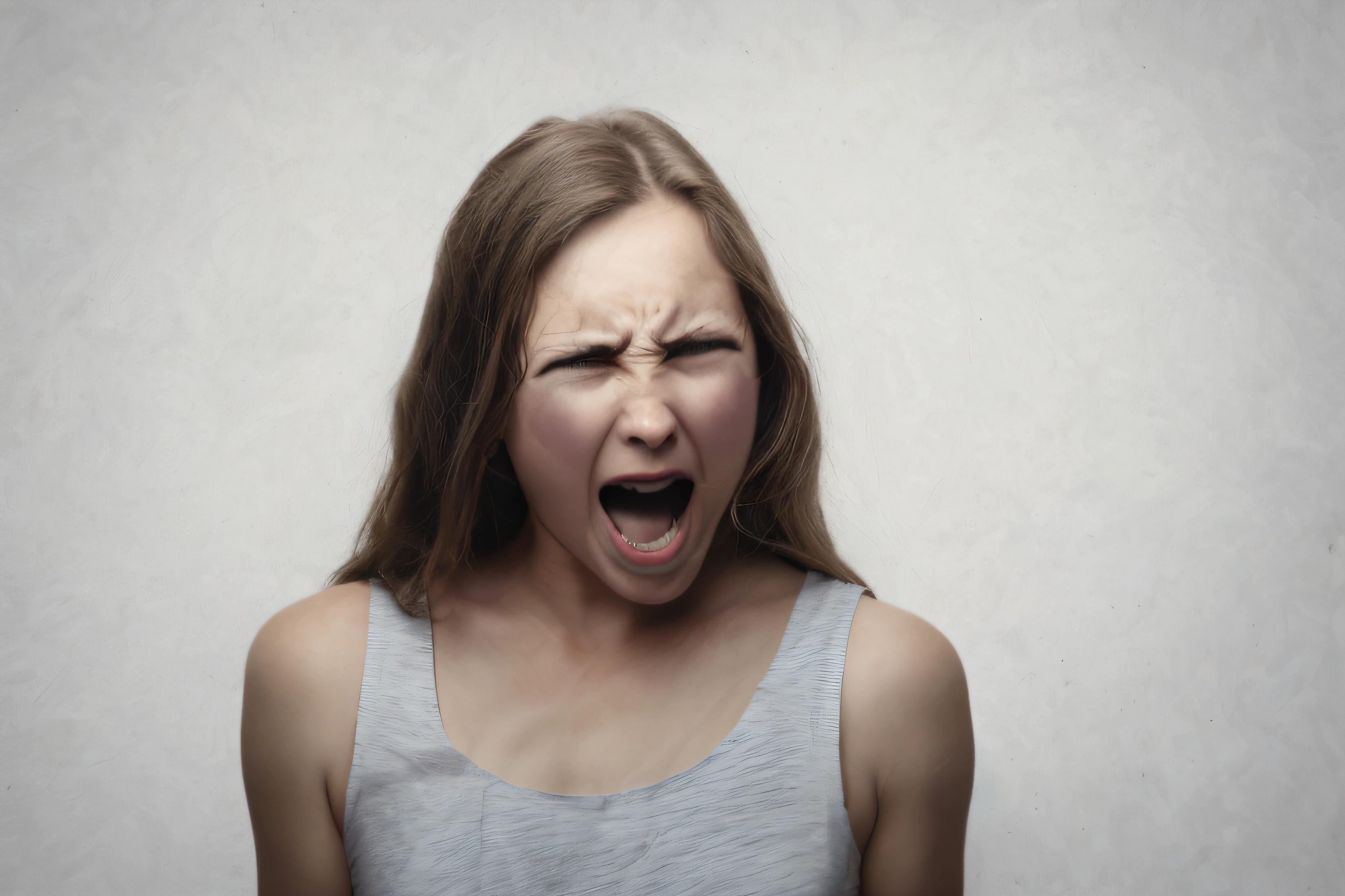 mulher arafed com uma regata cinza e uma camisa cinza, mulher zangada jovem, intense screaming expression, gritando de dor, angry expression, gritos, frustrated expression, gritando e chorando, cara gritando, Rosto frustrado, disturbed expression, retratos de uma mulher enfurecida, pessoas gritando, mulher chorando, mostrando raiva, gritando em agonia, desgostoso. medo inspirando humor