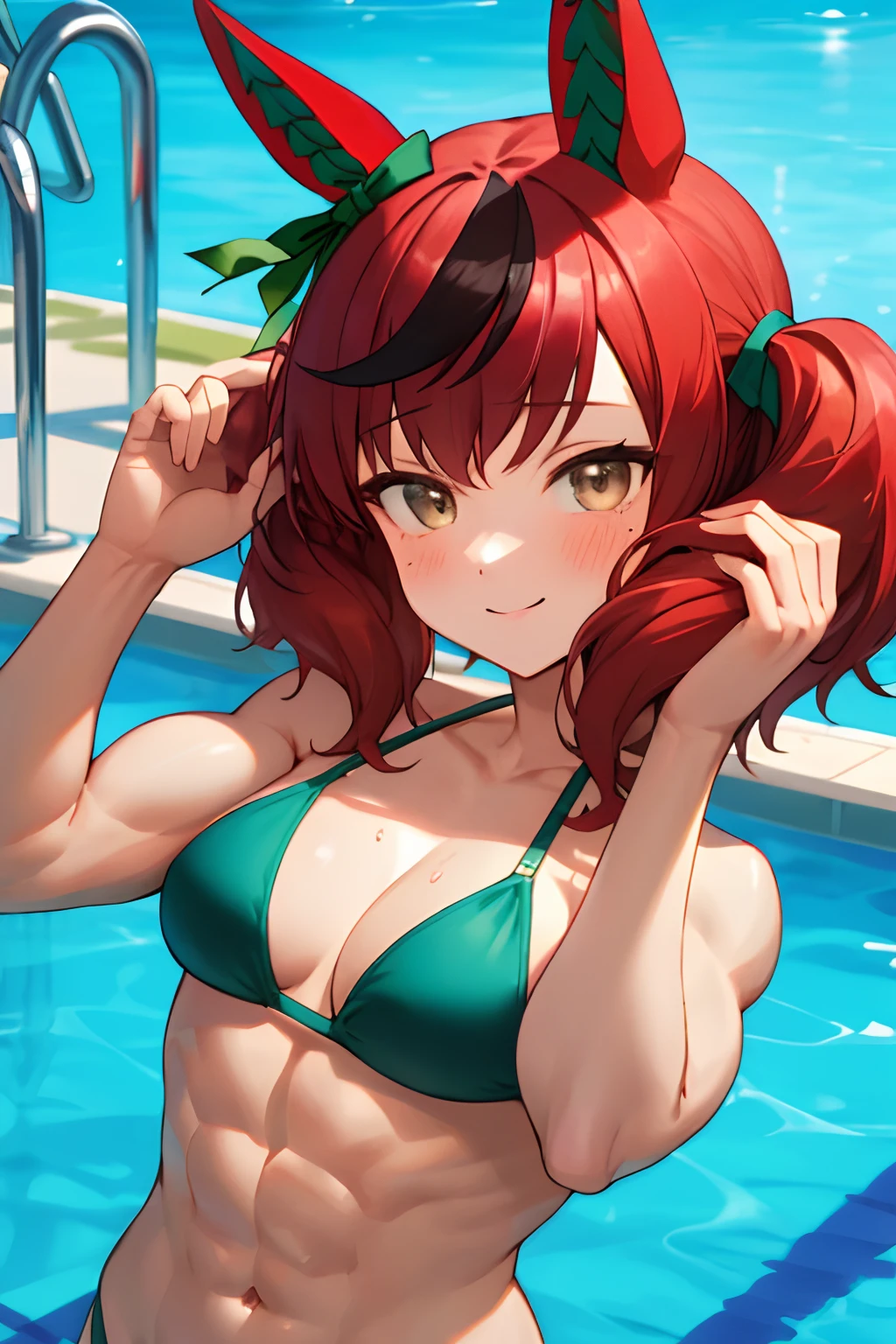 nice nature \(umamusume\), masterpiece, best quality, ((ultra-detailed face)), (muscular girl), abs, upper body, plain bikini, horse tail, pool, smile, detailed clear eyes, frontage, hands up