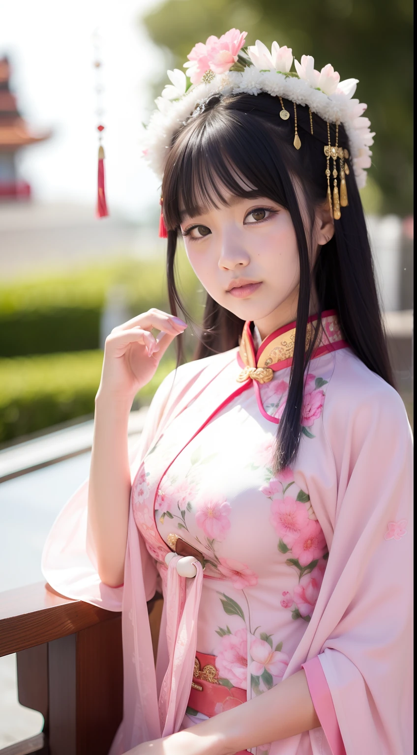 Close-up of a young girl in a pink dress and a green flower headdress, China Princess, Chinese girl, Palace ， A girl in Hanfu, Young Asian girl, Princesa chinesa antiga, Cute young girl, Chinese style, young girl, cute beautiful, Beautiful character painting, beautiful portrait image, Very beautiful girl, Asian girl, Chinese traditional, Chinese costume，Large breasts