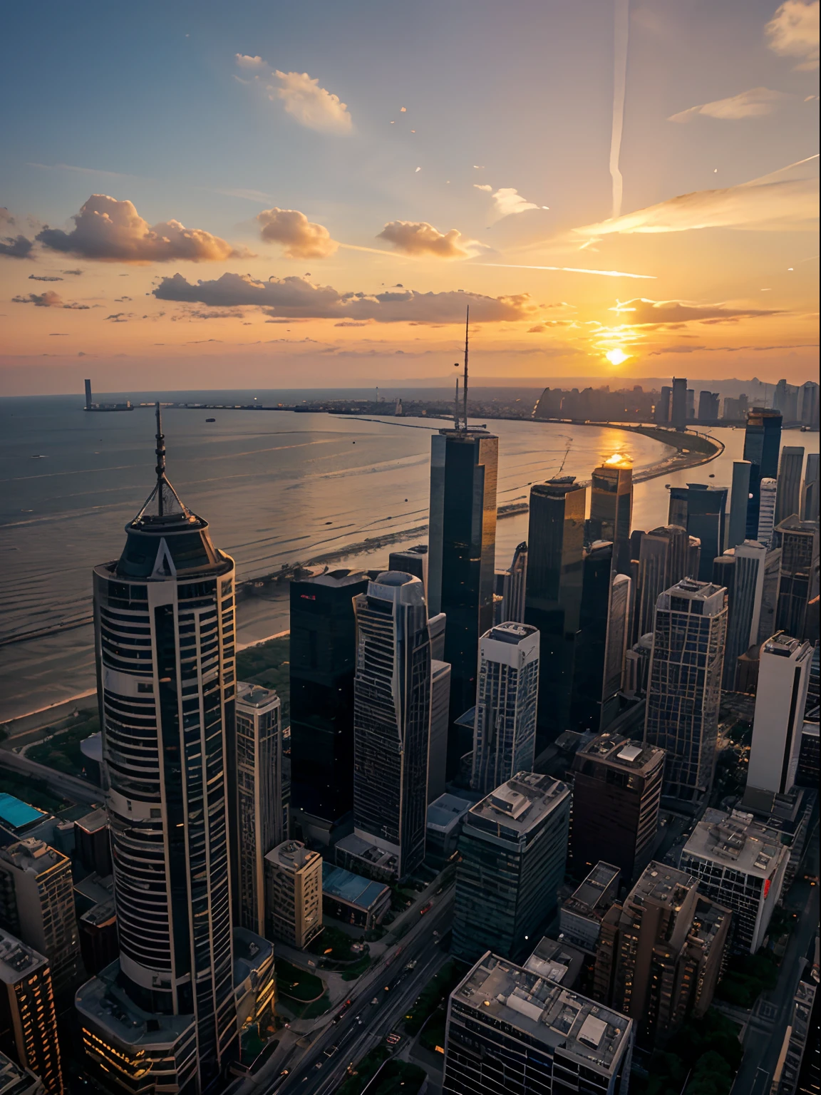 City, sunset, skyscrapers, beach
