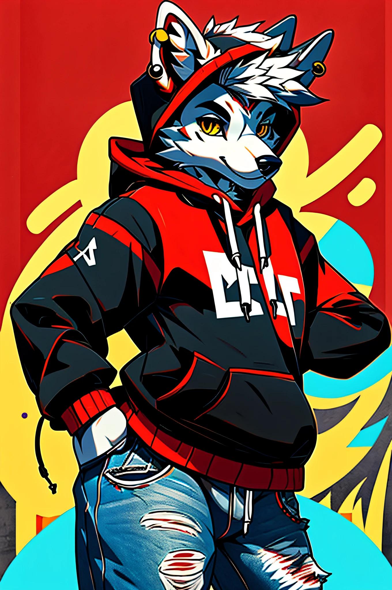 Two cool and trendy dogs looking here, White hair, Yellow eyes, Wear trendy hip-hop clothes, Wearing a hoodie, Graphic T-shirt and ripped jeans, Lots of tattoos and piercings, Doodle style background, Highly detailed background, perfect masterpiece, High quality, High resolution