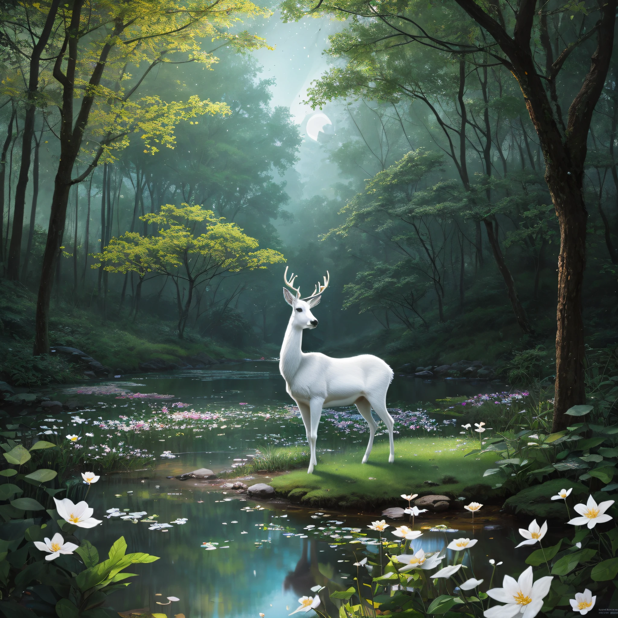 (a beautiful forest in the middle of it, a beautiful lake, moonlight, flying fireflies),(best quality,4k,8k,highres,masterpiece:1.2),ultra-detailed,(realistic,photorealistic,photo-realistic:1.37),HDR,UHD,studio lighting,ultra-fine painting,sharp focus,physically-based rendering,extreme detail description,professional,vivid colors,bokeh,portraits,landscape,photography,surreal,colorful,soft pastels,twilight,dream-like,gentle glow,peaceful atmosphere,White Deer,Flowers and leaves、Pedras preciosas,rokoko,,Modern and mysterious encounter, Vibrant colors, Intricate details. Highly detailed, Complex motifs, Organic Tracery, Perfect composition, Digital Painting, art stations, Concept art, Smooth,, Illustration, 8K, Best Quality, awardwinning, Anatomically correct, hight resolution, masutepiece.