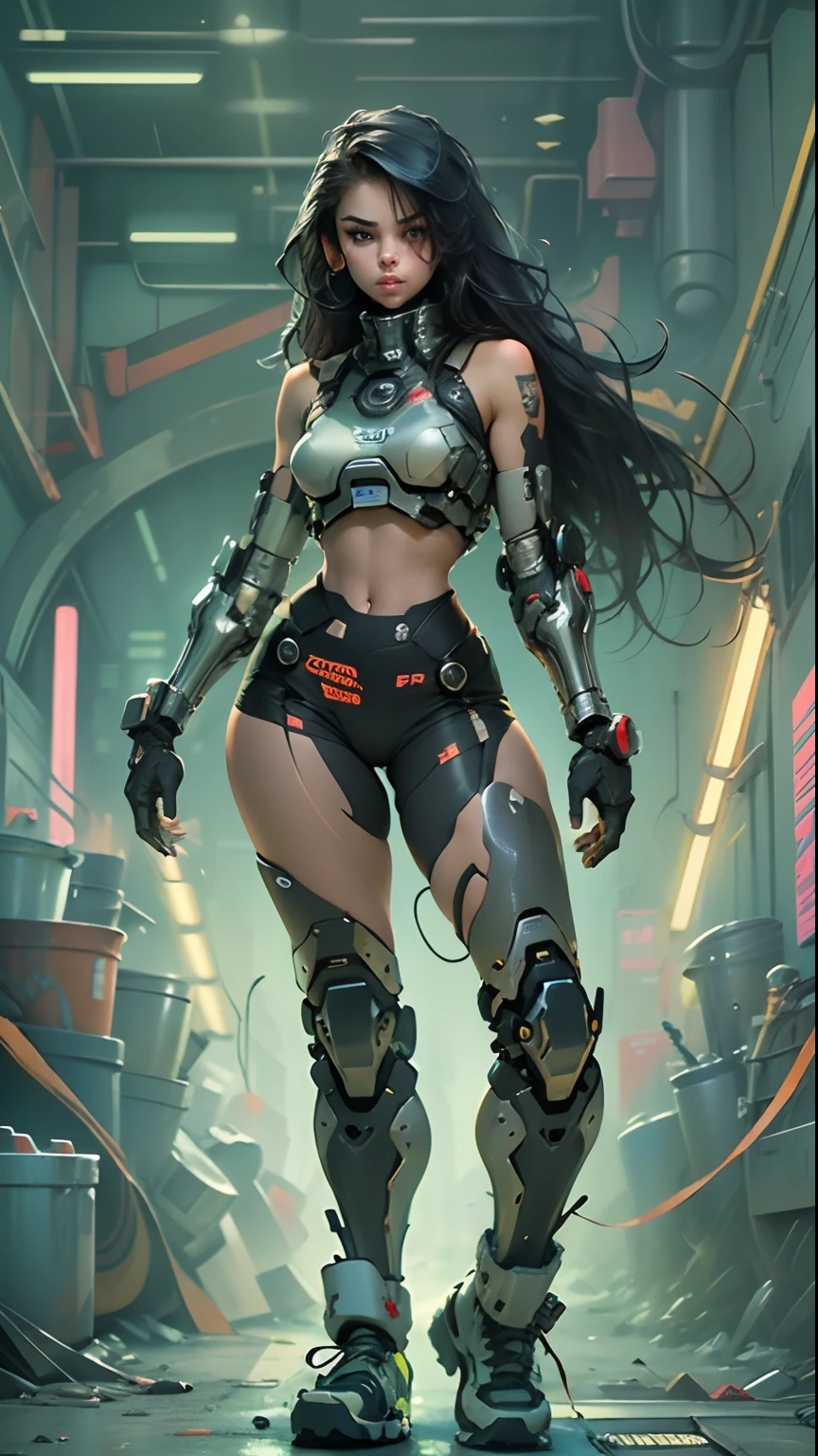 Woman body defined thick thighs cybernetic body parts, short underwear, look like Selena Gomez