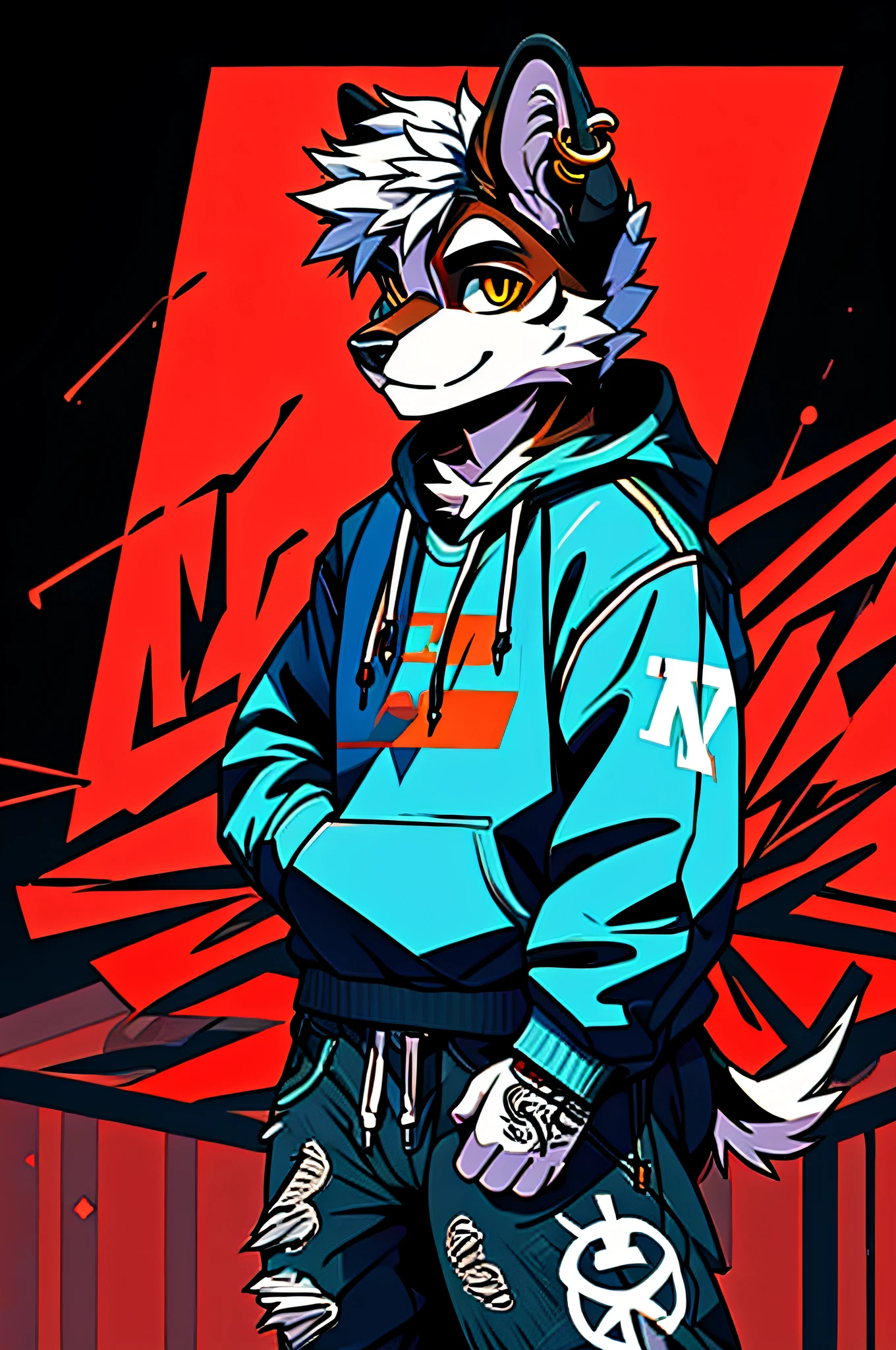 Cool and trendy Great Ten Dogs, White hair, Yellow eyes, Wear trendy hip-hop clothes, Wearing a hoodie, Graphic T-shirt and ripped jeans, Lots of tattoos and piercings, Doodle style background, Highly detailed background, perfect masterpiece