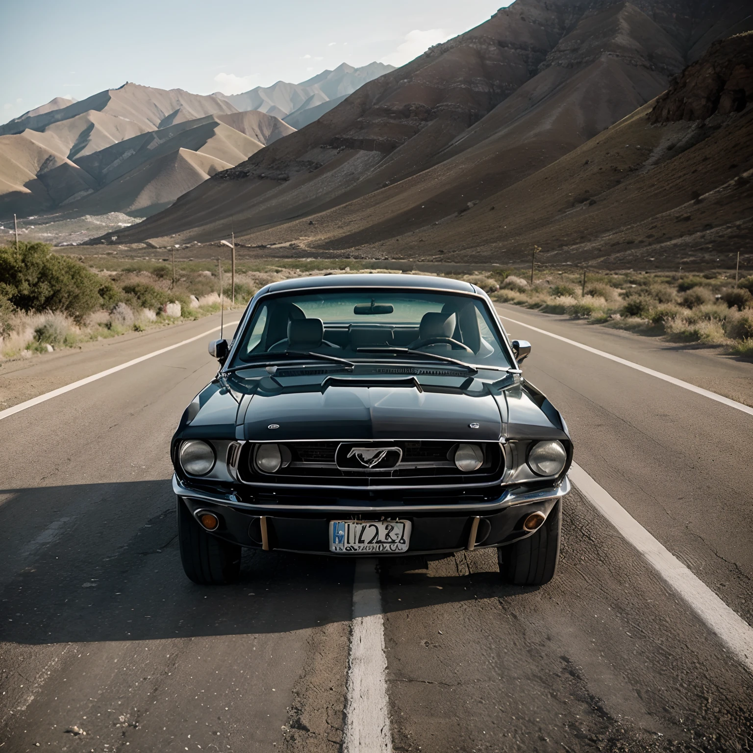 Un elegante Mustang de color negro de 1968 con un acabado tipo espejo, rugiendo por una sinuosa carretera