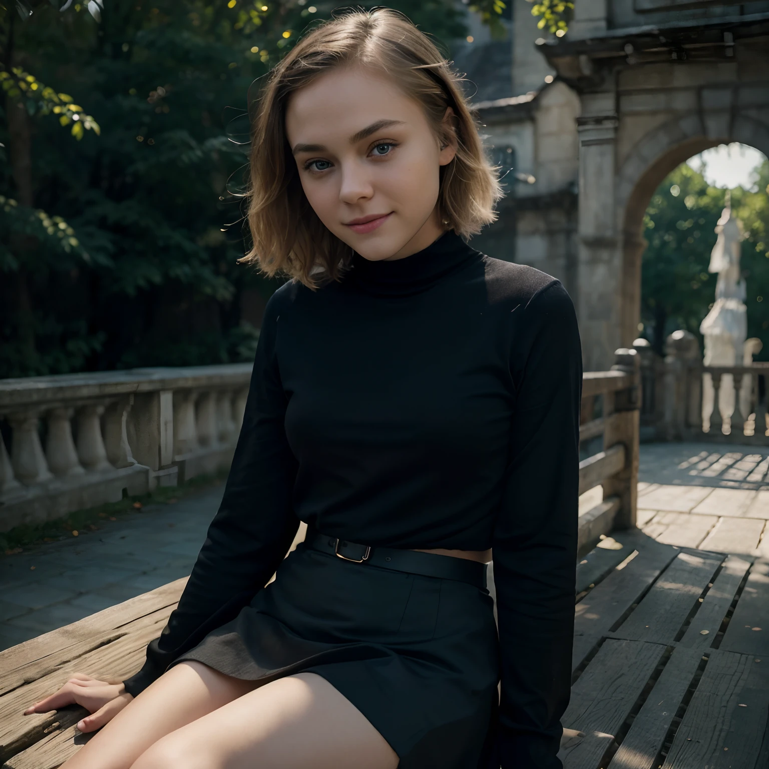 Annasophia Robb,bridge to Terabitia,short blonde hair,talented young actress,beautiful smile,pale skin,girl from the movie bridge to Terabitia,thin model,-yeld, bk shirt with long sleeves, cat print, teen, black skirt,comfortable arm warmers,(best quality,4k,8k,highres,masterpiece:1.2),ultra-detailed,(realistic,photorealistic,photo-realistic:1.37),HDR,UHD,studio lighting, vivid colors,soft lighting,magical atmosphere, detailed face, sitting on the bridge.