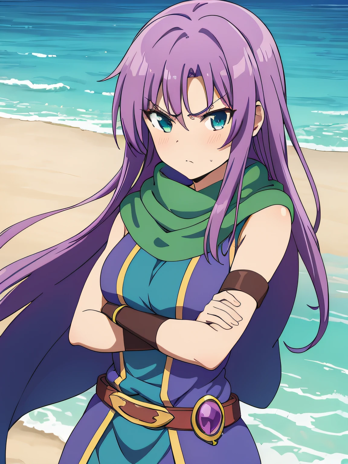 masterpiece, best quality, farisscherwiz, purple hair, headband, green cape, scarf, blue dress, bracer, short dress, belt, upper body, crossed arms, looking at viewer, furrowed brow, ocean, docks, medium boobs, beautiful, embarrased,