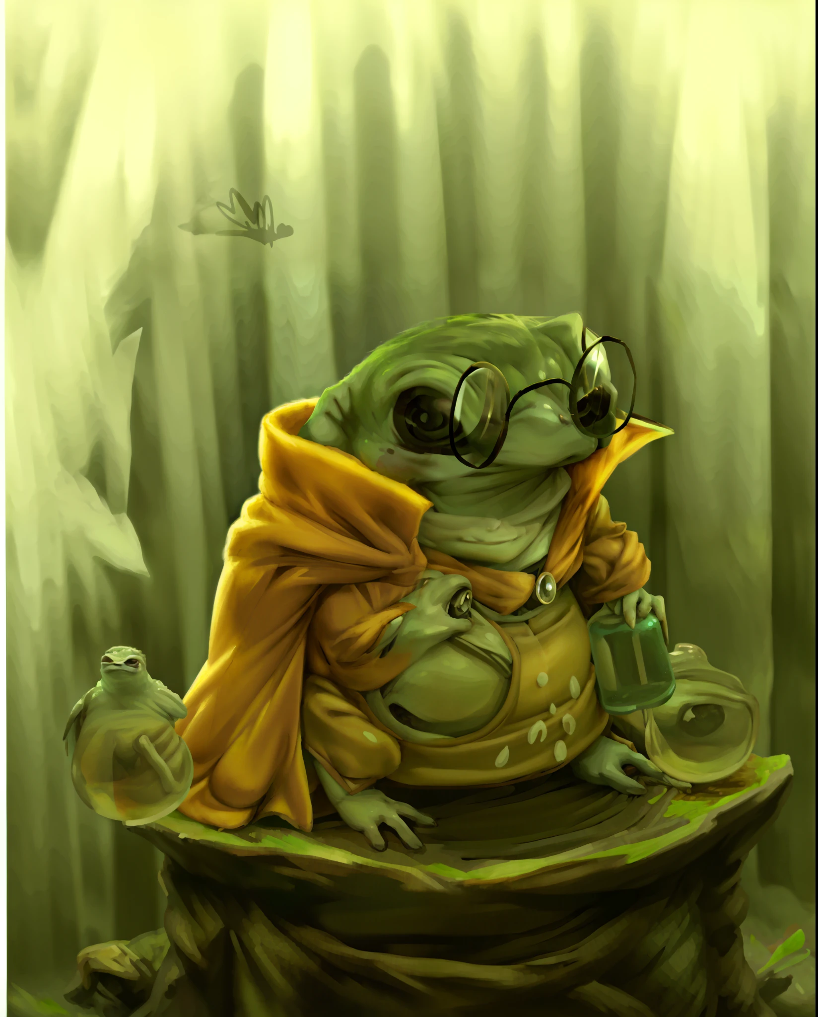 A standing frog wearing a cape and glasses, frog holding potions.
