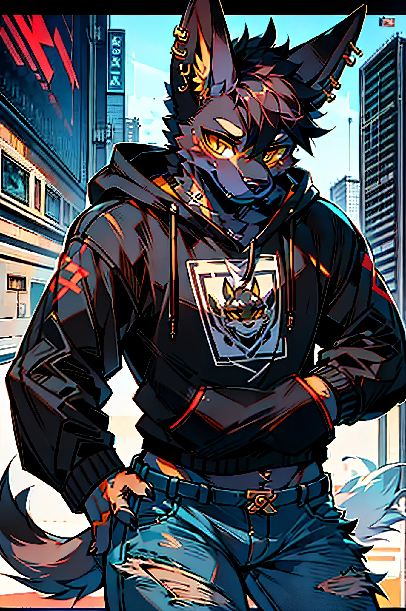 Cool and trendy Doberman dog, Black hair, Yellow eyes, Wear trendy hip-hop clothes, Wearing a hoodie, Graphic T-shirt and ripped jeans, Lots of tattoos and piercings, Doodle style background, Highly detailed background, perfect masterpiece