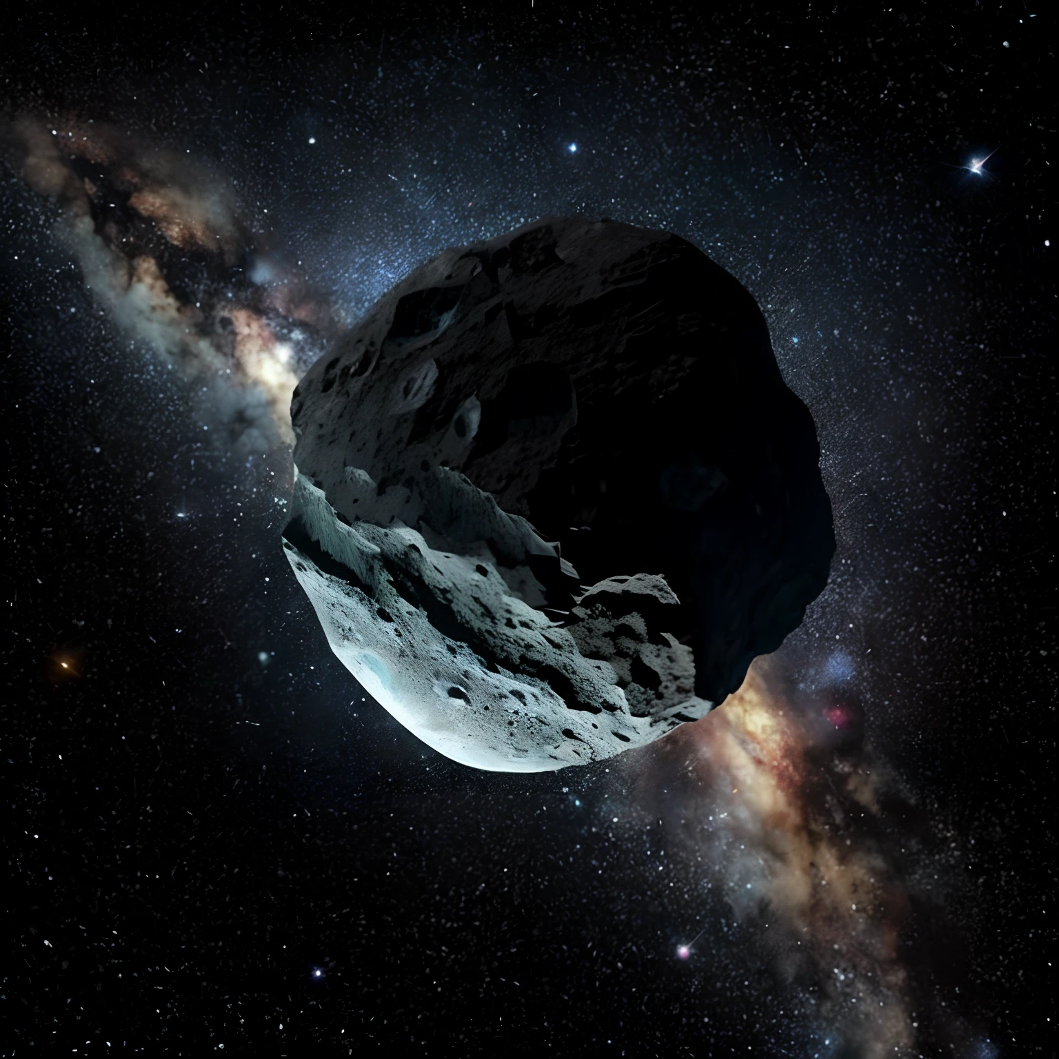 an artist's rendering of a large rock in the middle of a galaxy, metallic asteroid, asteroids, on the surface of an asteroid, asteroid belt, meteorite, meteor, asteroids realistic cinematic, asteroid belt in distance, meteorites, planet in space, space photo, meteors are falling from the sky, meteors, realistic space, 🚀🚀🚀, nasa
