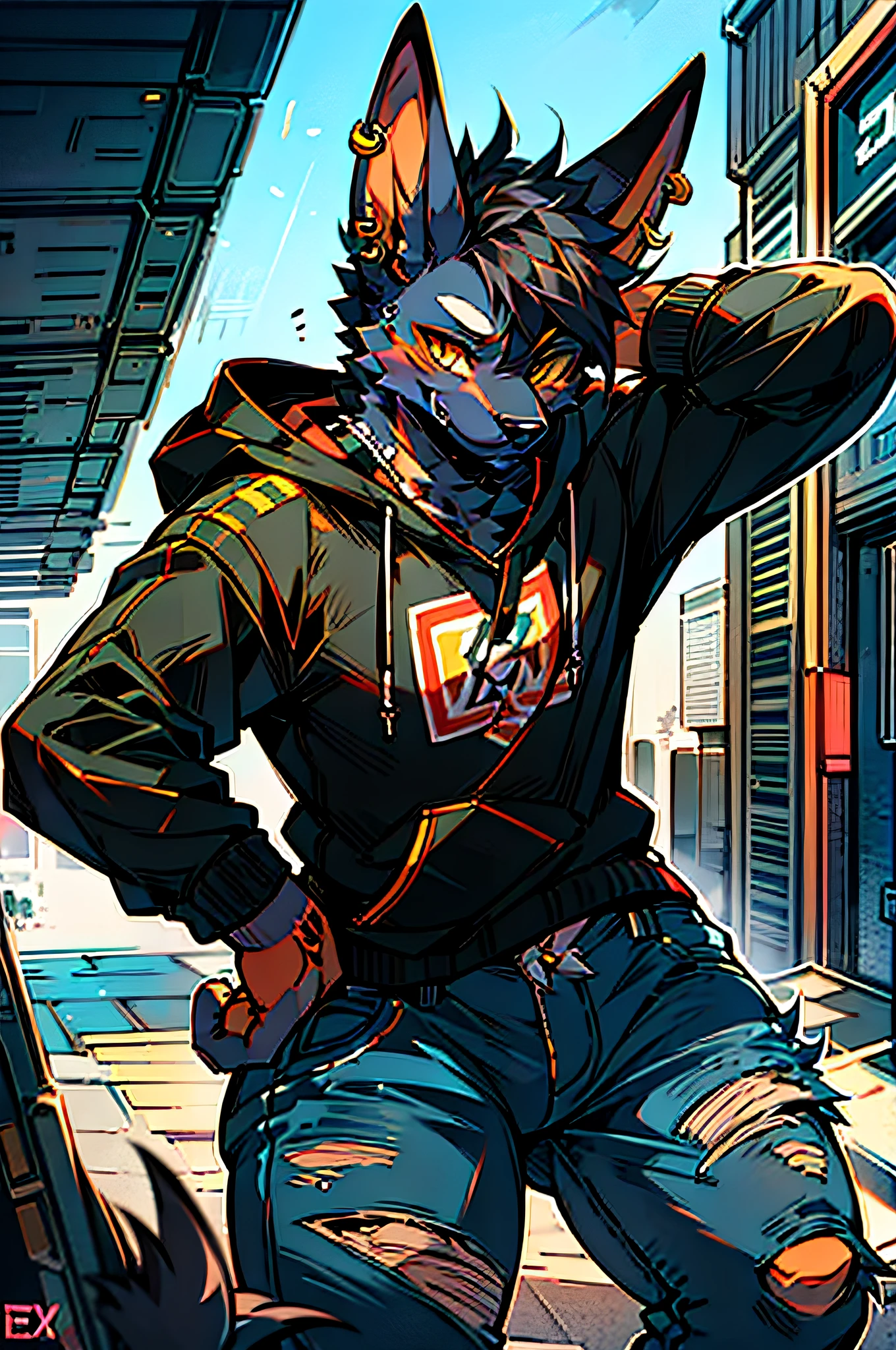 Cool and trendy Doberman dog, Black hair, Yellow eyes, Wear trendy hip-hop clothes, Wearing a hoodie, Graphic T-shirt and ripped jeans, Lots of tattoos and piercings, Doodle style background, Highly detailed background, perfect masterpiece