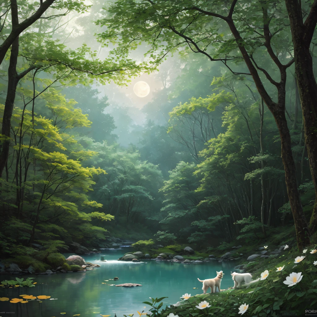 (a beautiful forest in the middle of it, a beautiful lake, moonlight, flying fireflies),(best quality,4k,8k,highres,masterpiece:1.2),ultra-detailed,(realistic,photorealistic,photo-realistic:1.37),HDR,UHD,studio lighting,ultra-fine painting,sharp focus,physically-based rendering,extreme detail description,professional,vivid colors,bokeh,portraits,landscape,photography,surreal,colorful,soft pastels,twilight,dream-like,gentle glow,peaceful atmosphere,(White Dog),Flowers and leaves、Pedras preciosas,rokoko,,Modern and mysterious encounter, Vibrant colors, Intricate details. Highly detailed, Complex motifs, Organic Tracery, Perfect composition, Digital Painting, art stations, Concept art, Smooth,, Illustration, 8K, Best Quality, awardwinning, Anatomically correct, hight resolution, masutepiece.