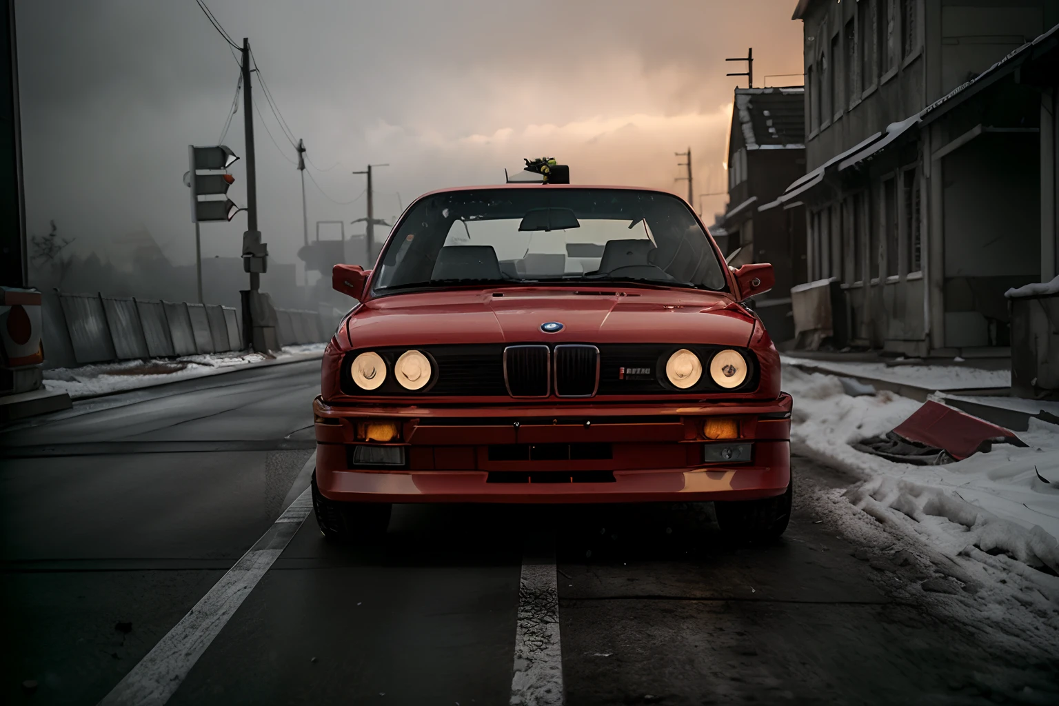 analog gloomy photo of a (red BMW E30 car, ), ((speeding in an abandoned city at midnight)), (decayed and dilapidated city monoblocks in the background), (getting shot), (gunfire), ((snowing)), (horror movie), ((nighttime)), (midnight), ruins, dilapidated buildings, High Detail, Sharp focus, (photorealism), realistic, best quality, 8k, award winning, dramatic lighting, epic, cinematic, masterpiece, backlit, contrejour, rim light, ambient fog:1.4, dutch angle, depth of field, motion blur, volumetric lights,