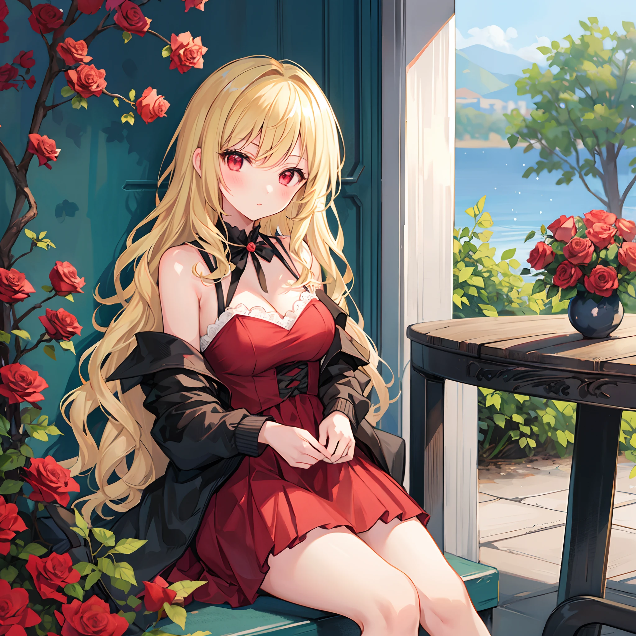 One girl with wavy blonde hair and red eyes、Sitting surrounded by roses、sexy dress、