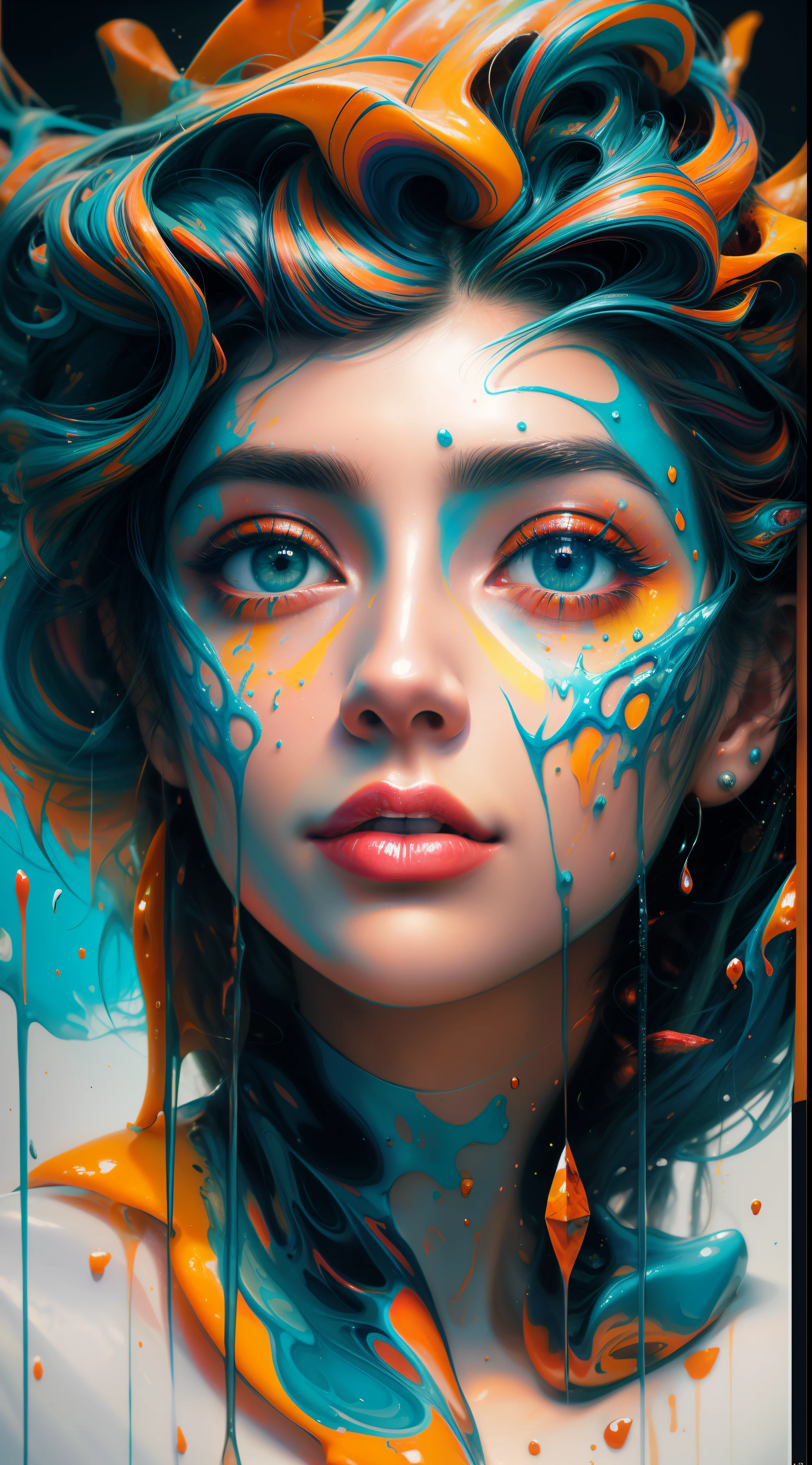 um close up de uma escultura de uma mulher com tinta roxa e laranja, gotejamento com cor, face submerged in colored oils, 3d arte digital 4k, colorful melting human head, cores vibrantes hiper realismo, lindo arte digital, Arte colorida, Beeple e Jeremias Ketner, pintura digital vibrante, pintura detalhada 4K, Arte bonita UHD 4K