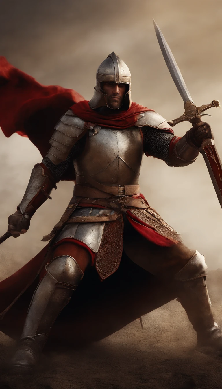 Un hombre con armadura se para en el pasillo con una espada, Full portrait of the magic knight, Ares con armadura pesada y espada, fantasy warrior in full armor, Paladin Golden Armor,Hay cuernos de demonio en el casco，Ojos brillantes de color rojo sangre，para el arte conceptual del personaje de honor, Caballero blindado en rojo, Epic Paladin Armor, Santo cruzado caballero medieval，Foto de cuerpo completo