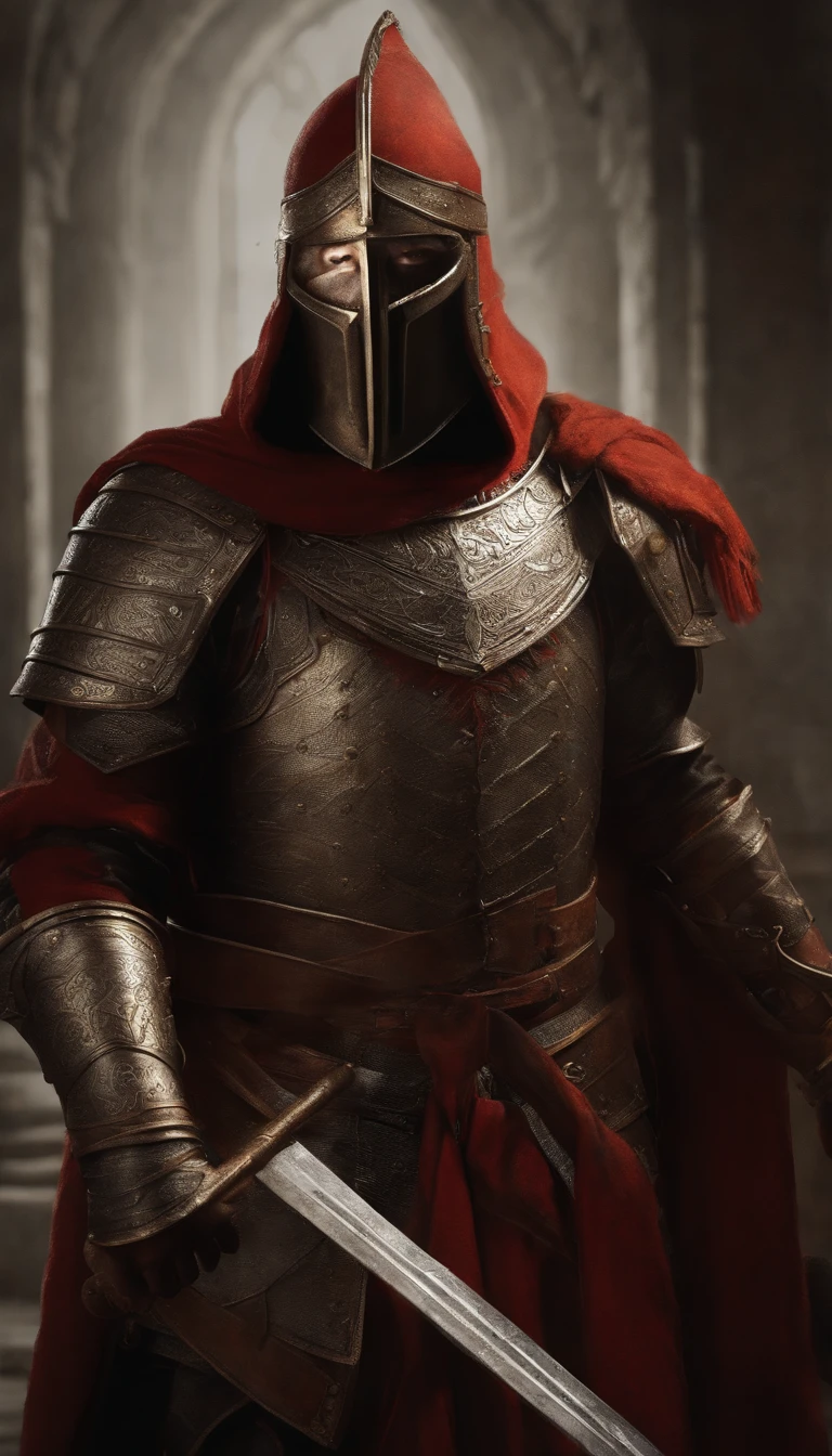 Un hombre con armadura se para en el pasillo con una espada, Full portrait of the magic knight, Ares con armadura pesada y espada, fantasy warrior in full armor, Paladin Golden Armor,Hay cuernos de demonio en el casco,Ojos brillantes de color rojo sangre,para el arte conceptual del personaje de honor, Caballero blindado en rojo, Epic Paladin Armor, Santo cruzado caballero medieval,Foto de cuerpo completo