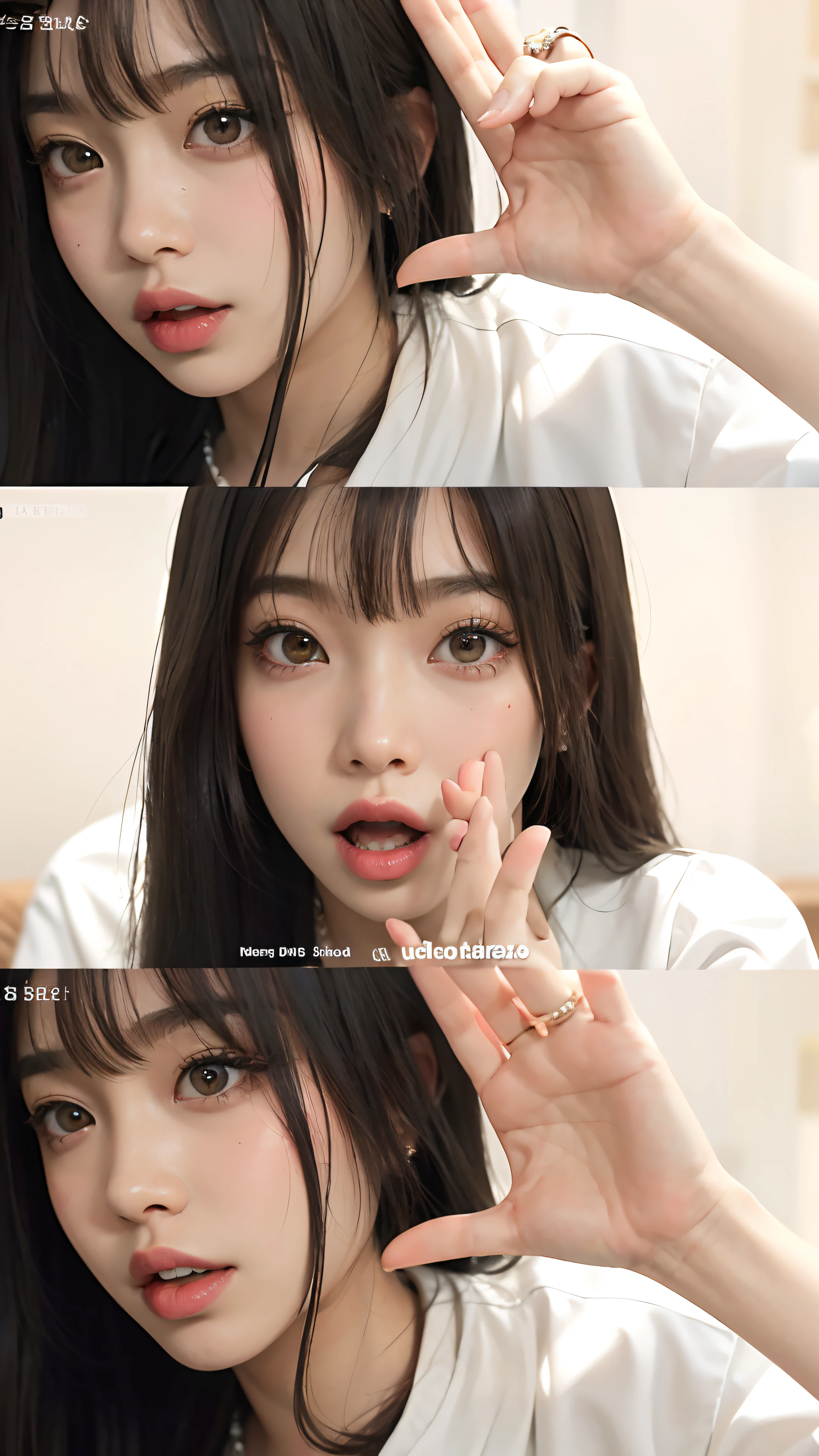 i0r1n. A photograph of a woman with fair skin and short, dark brown, straight bob haircut with bangs that frame her face,sex,ahegao