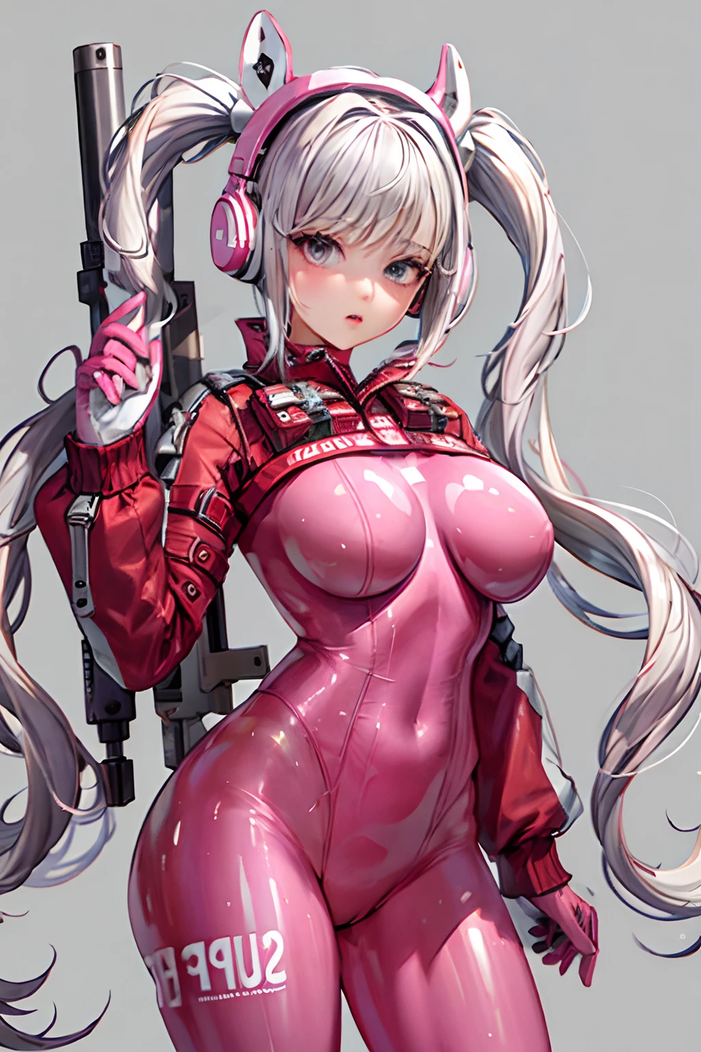 (best quality), cute girl, white hair, twintails, alice (nikke), latex, plug suit, masterpiece, wearing weapon, animal ear headphones, big breast