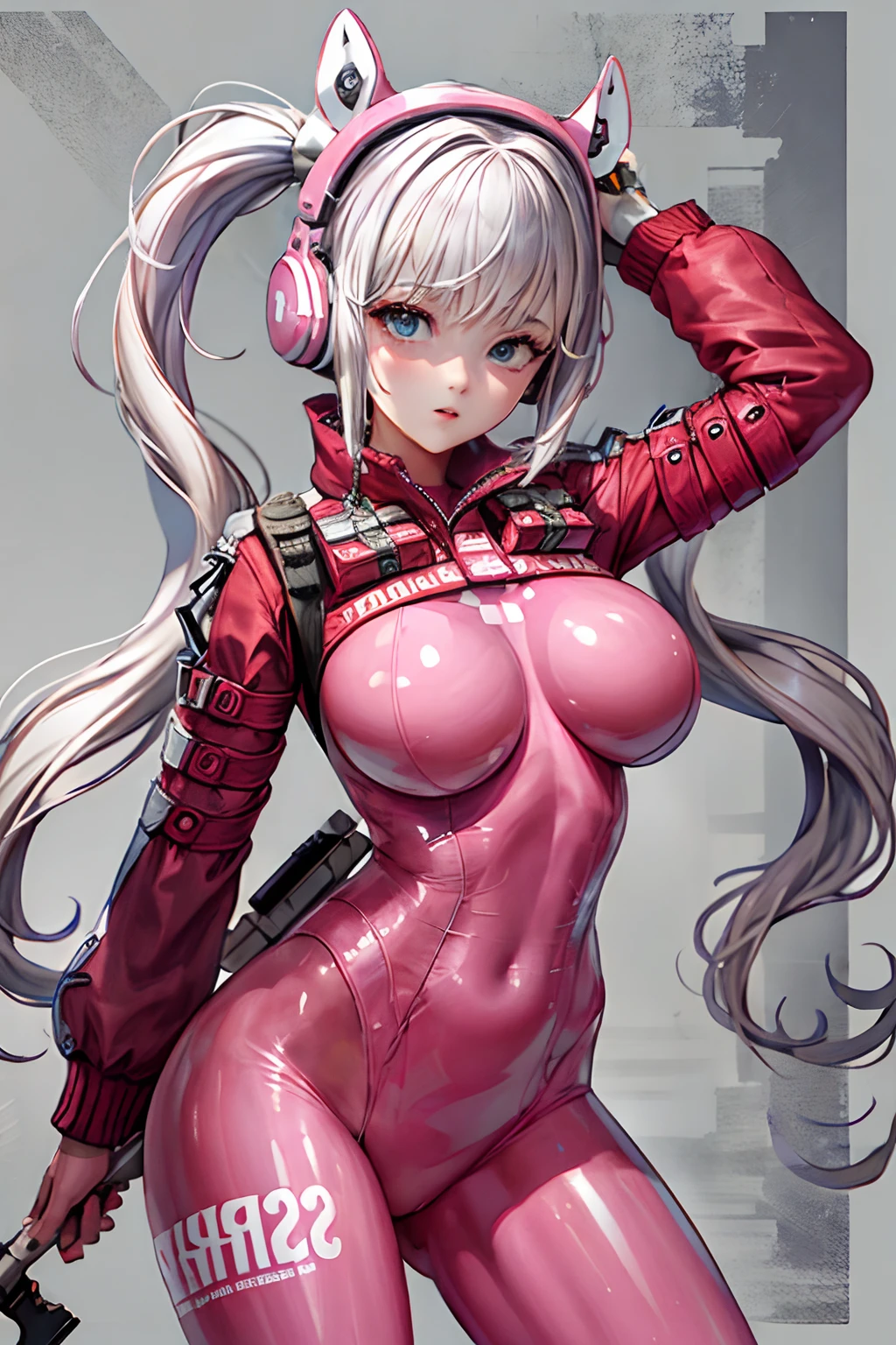 (best quality), cute girl, white hair, twintails, alice (nikke), latex, plug suit, masterpiece, wearing weapon, animal ear headphones, big breast