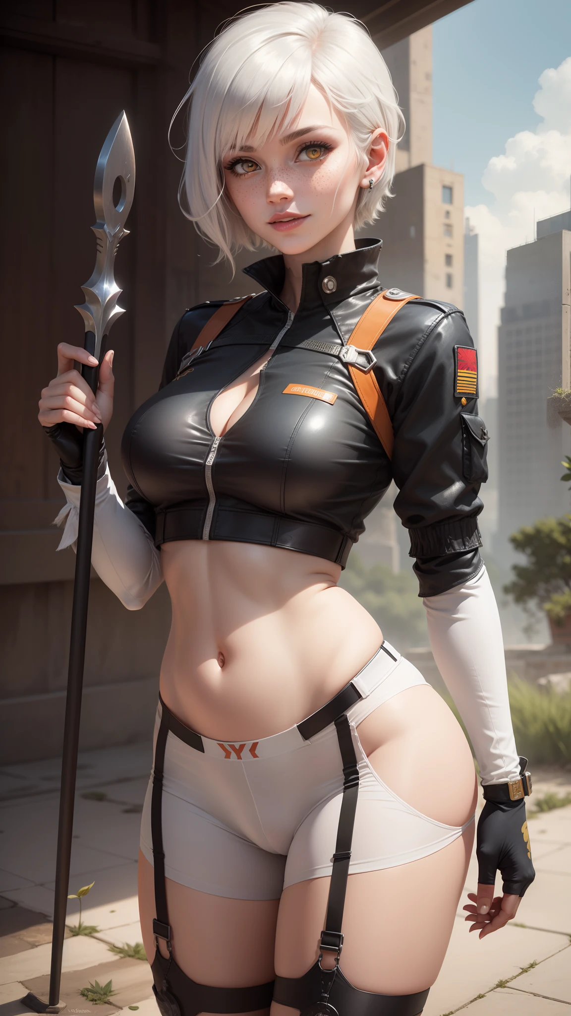 gwen tennyson,tracer,y'shtola rhul, rebecca chambers,atelier ryza,nier automata,close up,mecha pilot,city ruins,tattoos,white and orange plugsuit, steel short sleeve lycra top,white cargo shorts,uncovered belly,short hair,cute makeup,yellow eyes,dimensional silver hair,sexy smile,freckles,beautiful girl,large breasts,garter belt,4k hd,ultra detailed,realistic,fantasy art,military uniform,aviator uniform,steel armor,ear piercings,hair pin,holding a magic staff,
