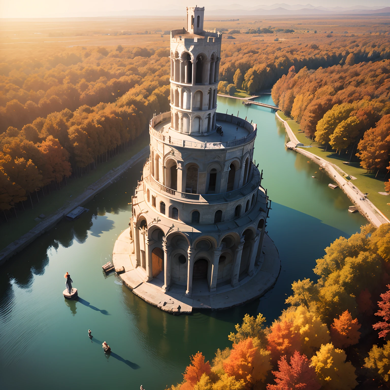 masterpiece、top-quality、ultra-detailliert、(Chibi Chara:1.2)、Stand on top of the Leaning Tower of Pisa、Shot by a drone、Below is a fairytale autumn forest and a blue lake、Hair swaying in the wind、Standing、spreading arms widely、a smile