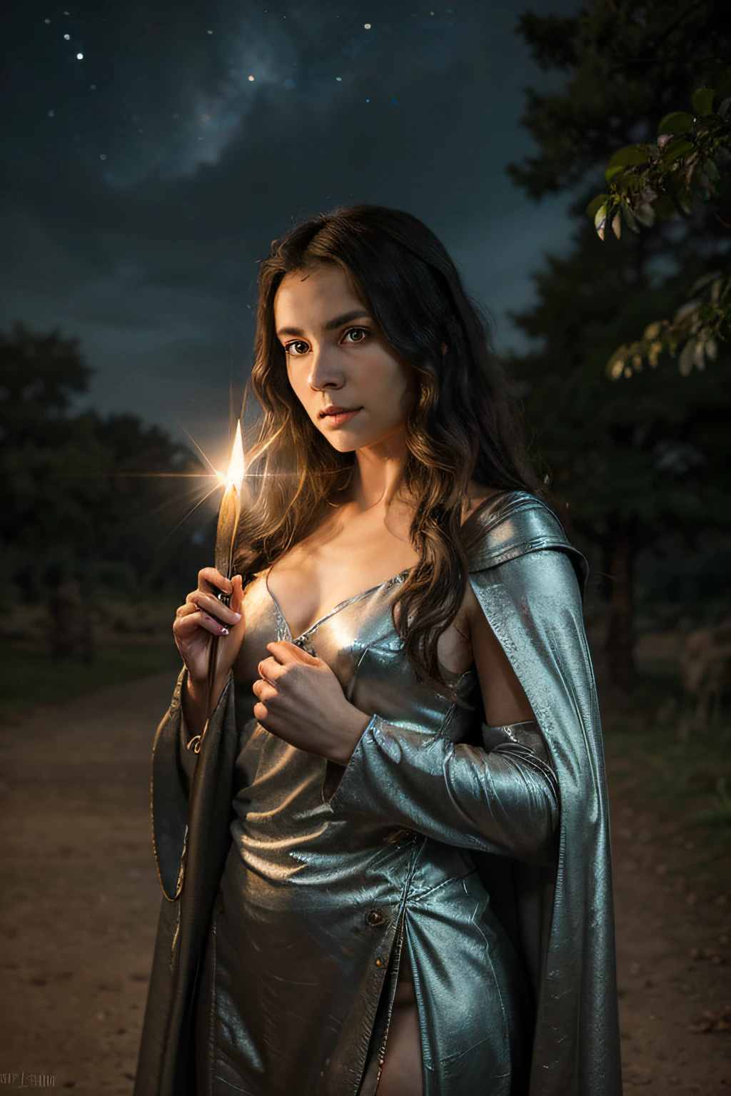 "Create a detailed description of Midjane, a magical character inspired by the universe of 'The Lord of the Rings' and 'Harry Potter'. She stands with a majestic posture, holding Harry Potter's iconic wand in her right hand. The end of the wand emits a brilliant light that illuminates her face and hands. With her left hand, Midjane holds the Lord of the Rings Ring, which shines with a magical radiance. Her long dark hair falls gracefully over her shoulders, and she is dressed in an elegant cloak adorned with green and silver details, a tribute to the Hogwarts houses. She is immersed in a magical setting, surrounded by ancient and majestic trees, under a starry sky that twinkles, creating an atmosphere of mystery and adventure. The look Midjane is determined, revealing her readiness to face great challenges and uncover epic secrets on her way."