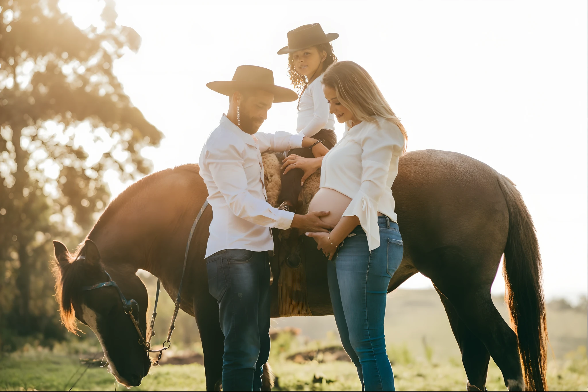 There are two women and a man next to a horse, family photography, 👰 🏇 ❌ 🍃, Tema Cowboy, pregnant belly, gravidez, 🐎🍑, imagem de perfil, fotografia equina, family portrait, vestindo roupas de fazenda, pregnant, estilo cowboy, Vaquero mexicano, andar a cavalo, Happy family, foto de uma bela, wearing a cowboy hat