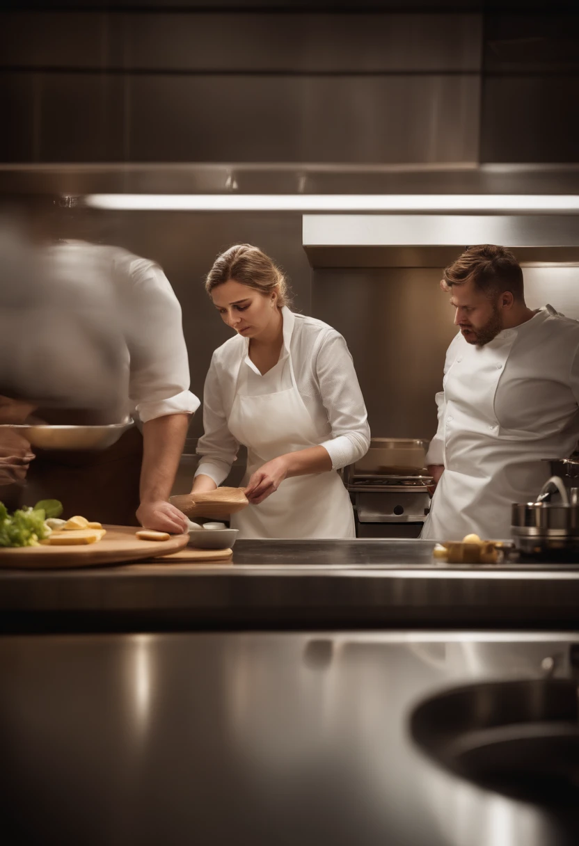 tired kitchen staff, standing in kitchen, shocked, group