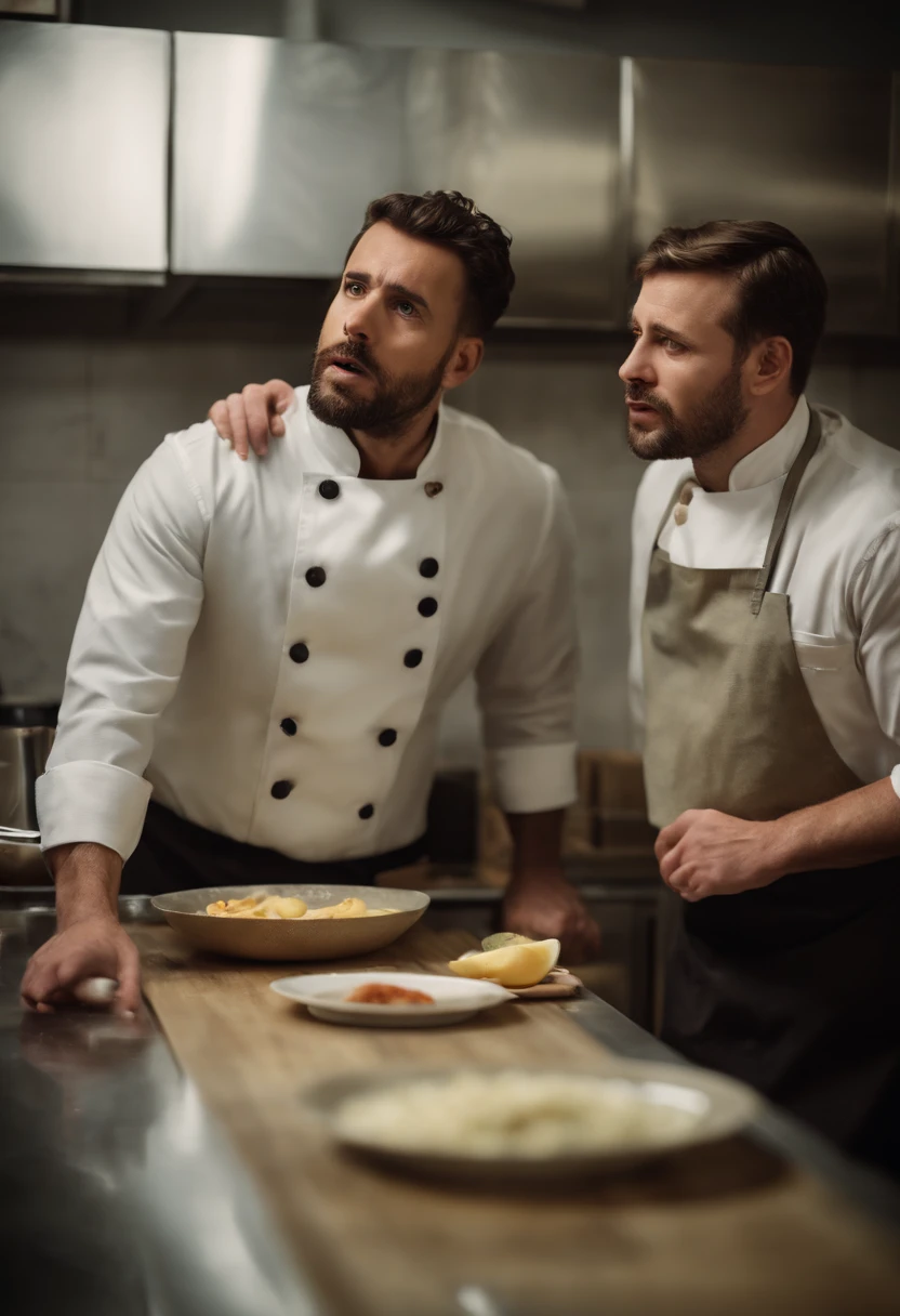 tired kitchen staff, standing in kitchen, shocked, group