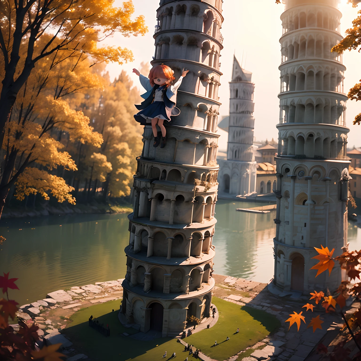 masterpiece、top-quality、ultra-detailliert、(Chibi Chara:1.2)、(Stand on top of the Leaning Tower of Pisa:1.3)、Shooting with a drone、Below is an autumn forest and a blue lake that appear in a fairy tale、Hair swaying in the wind、Standing、spreading arms widely、A smile
