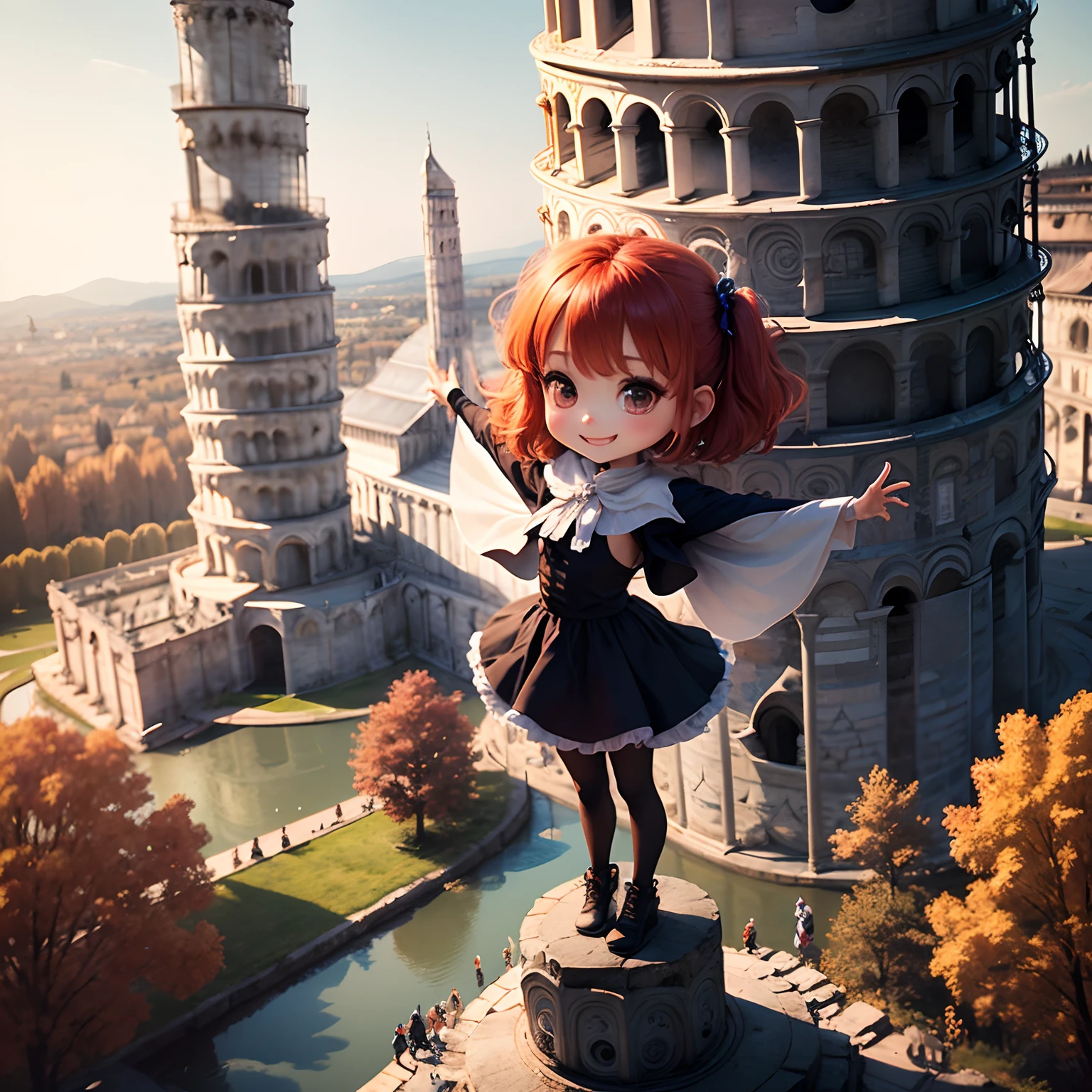 ​masterpiece、top-quality、ultra-detailliert、(Chibi Chara:1.2)、(Stand on top of the Leaning Tower of Pisa:1.3)、Shooting with a drone、Below is an autumn forest and a blue lake that appear in a fairy tale、Hair swaying in the wind、Standing、spreading arms widely、A smile