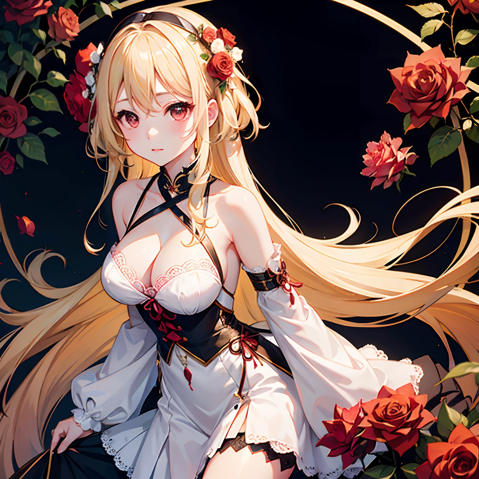 Wavy blonde girl、1人、red eyes、Surrounded by roses、sexy dress